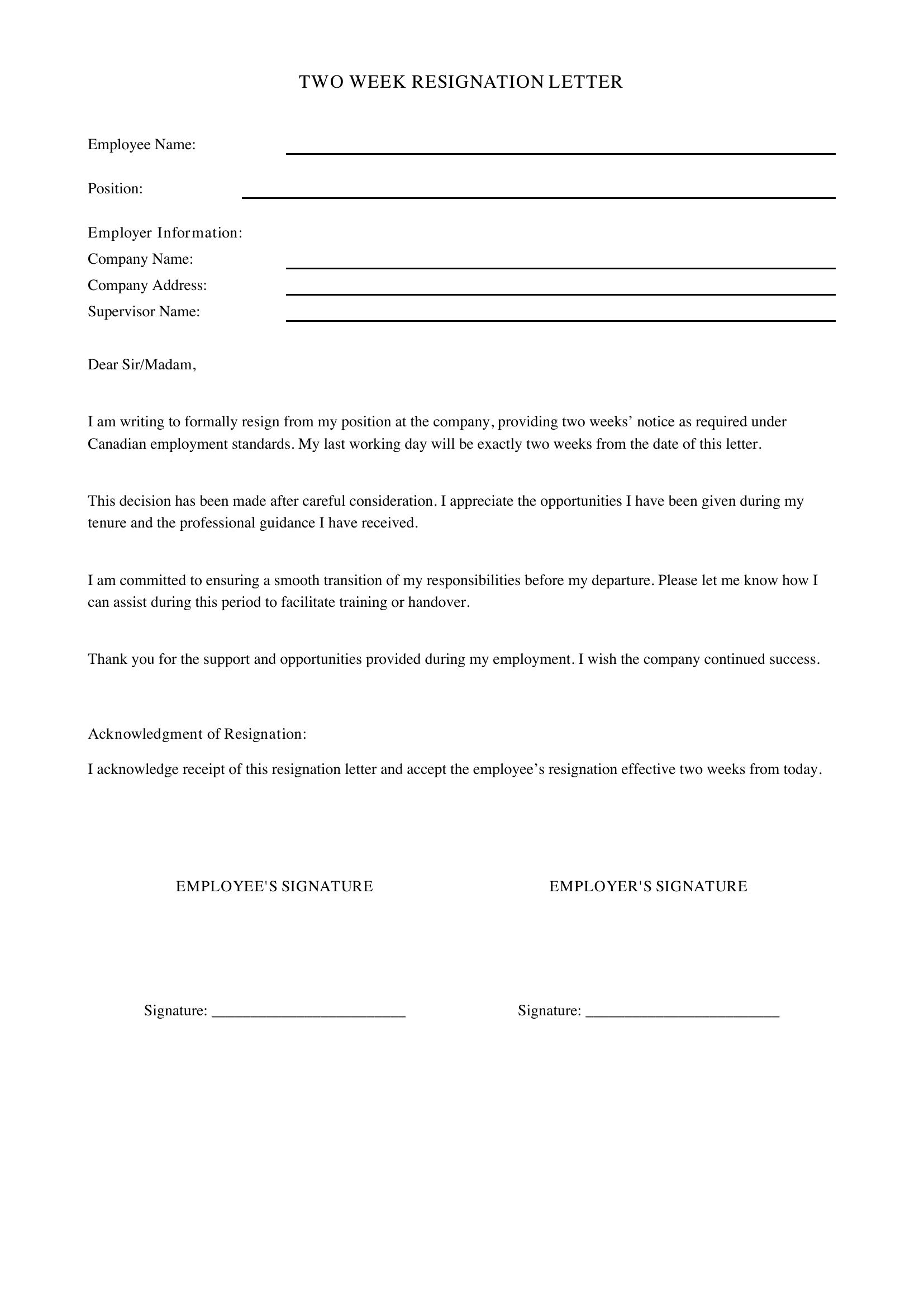 2 Week Resignation Letter Template - Canada