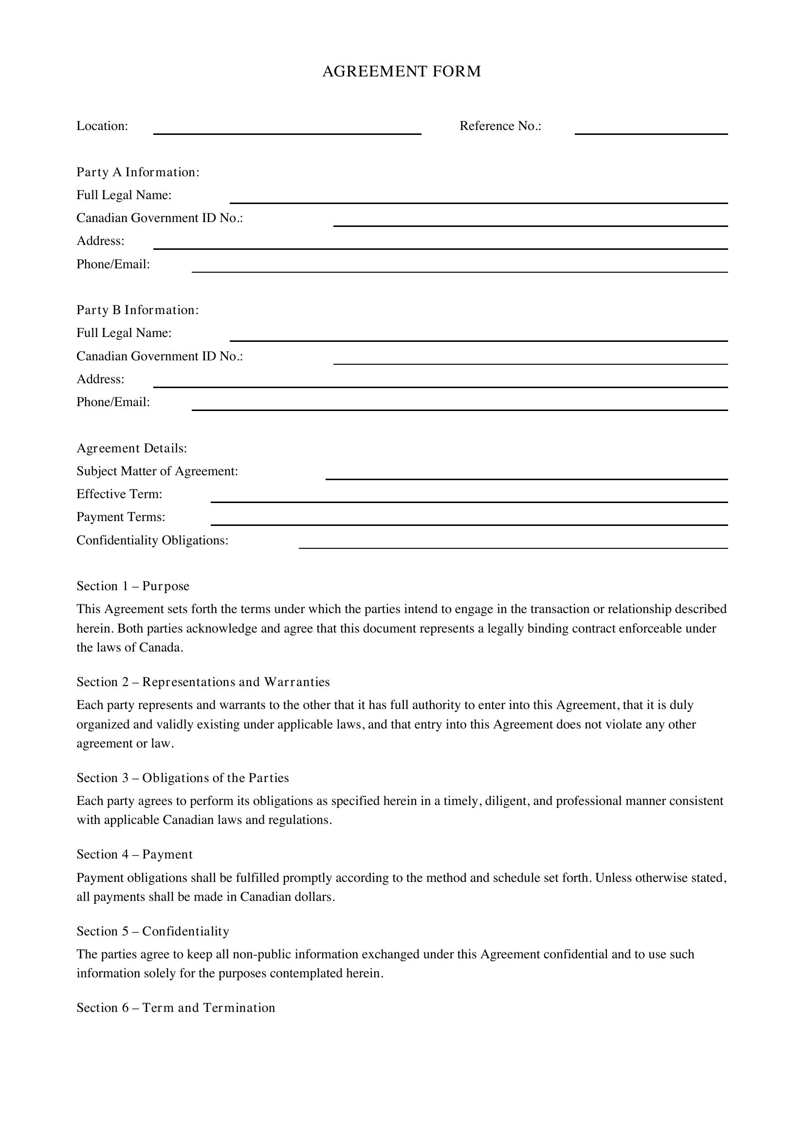 Agreement Form Template - Canada