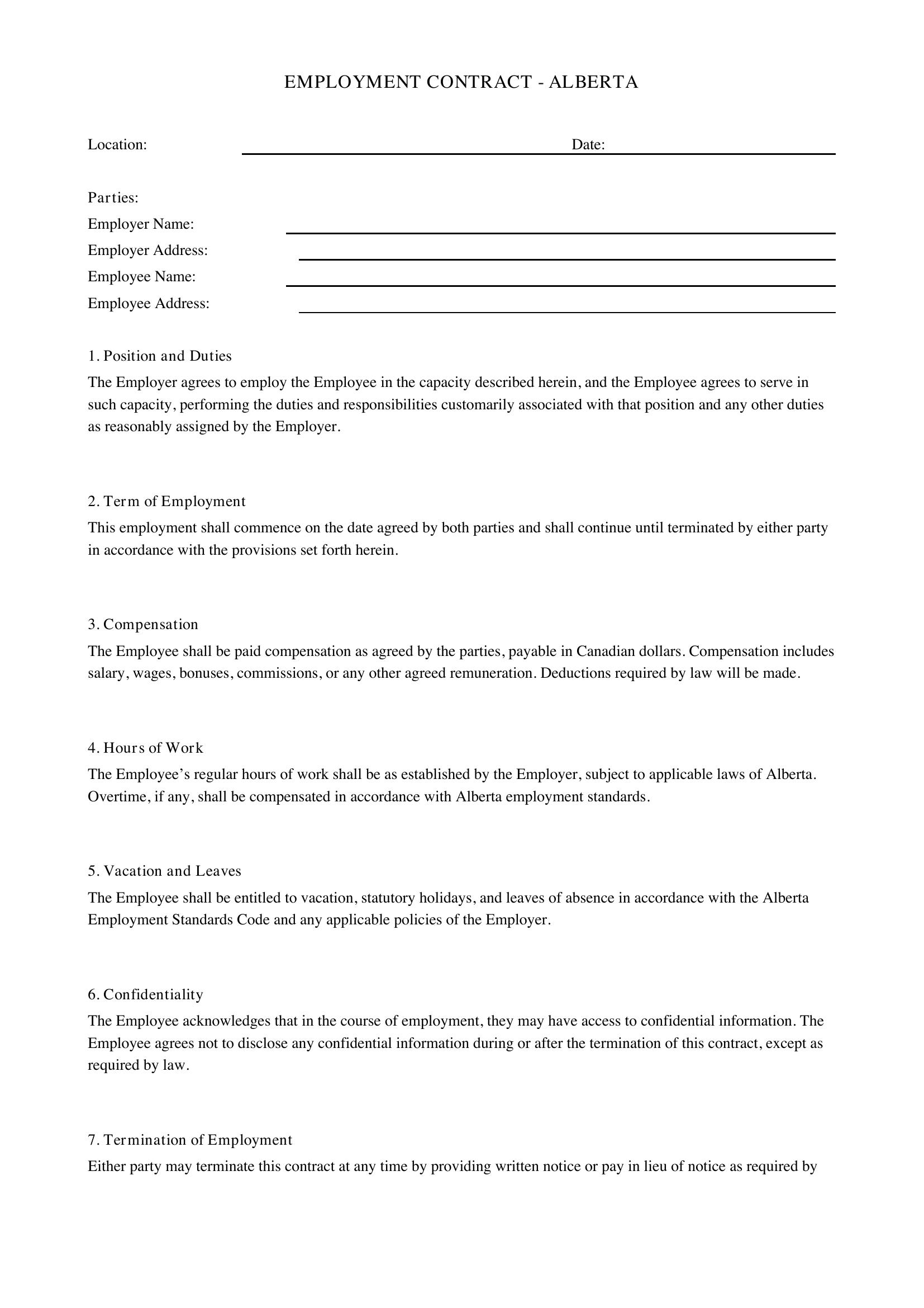 Alberta Employment Contract Template - Canada