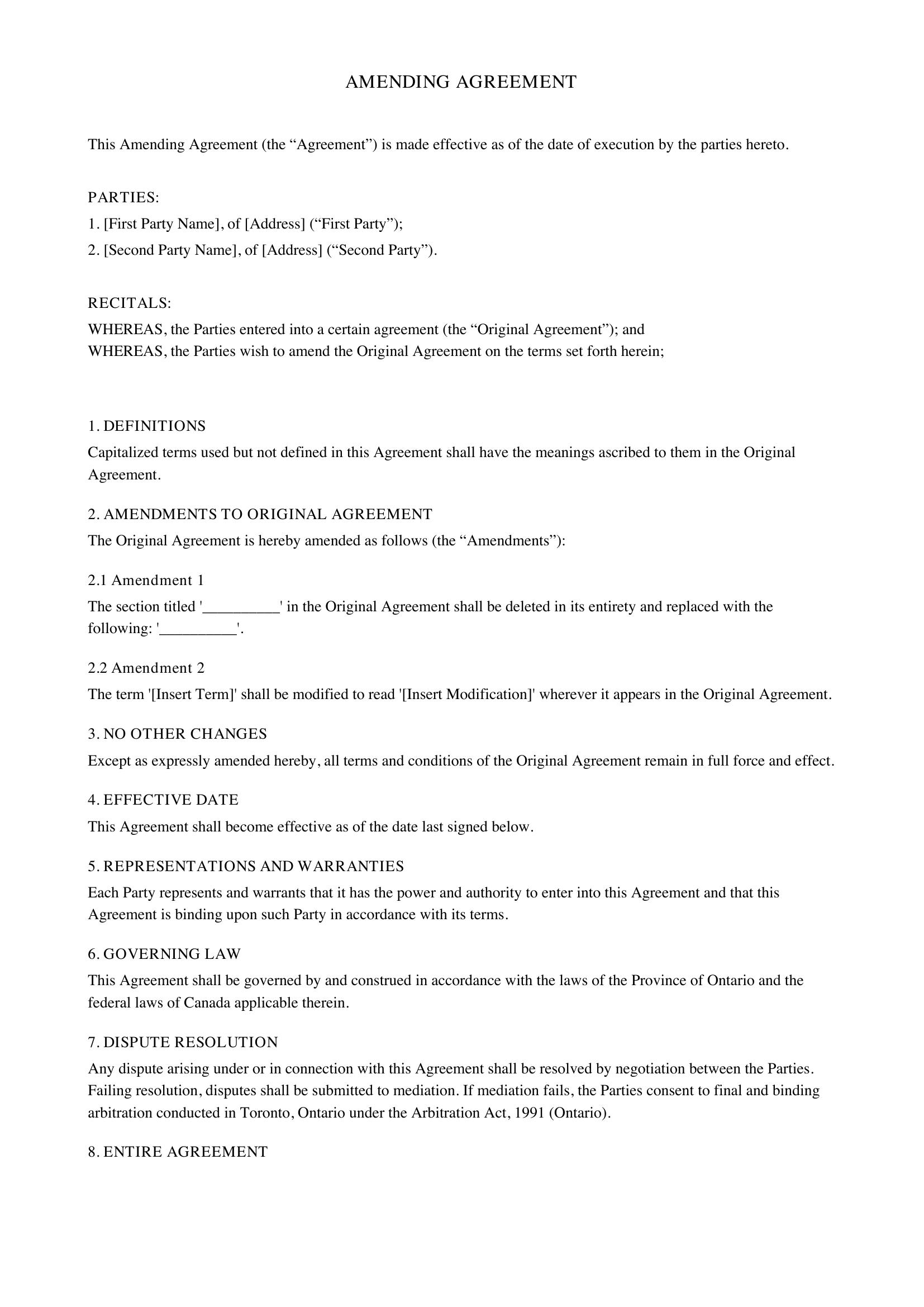Amending Agreement Template - Canada