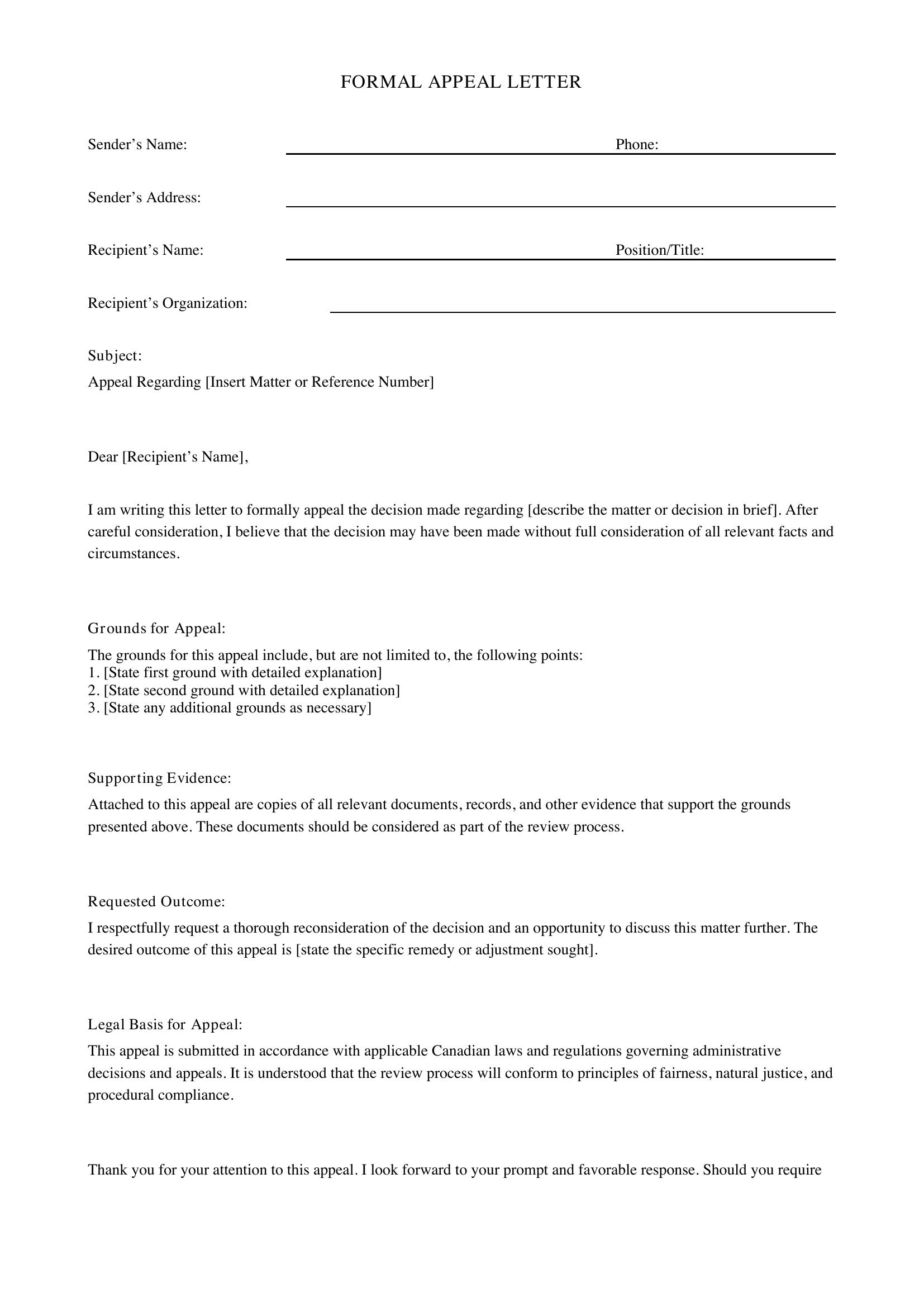 Appeal Letter Template - Canada