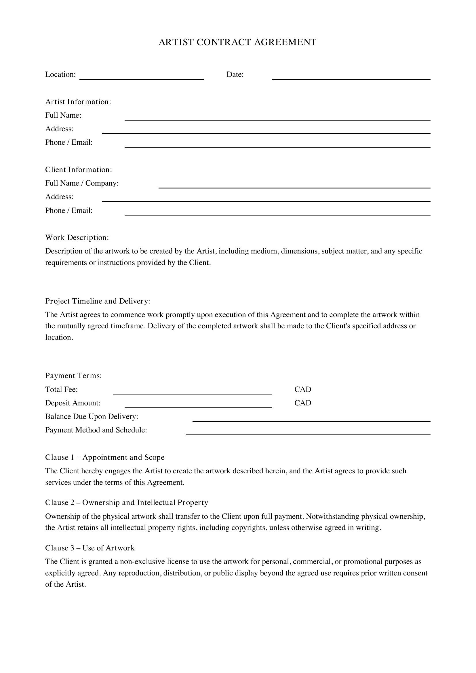 Artist Contract Template - Canada