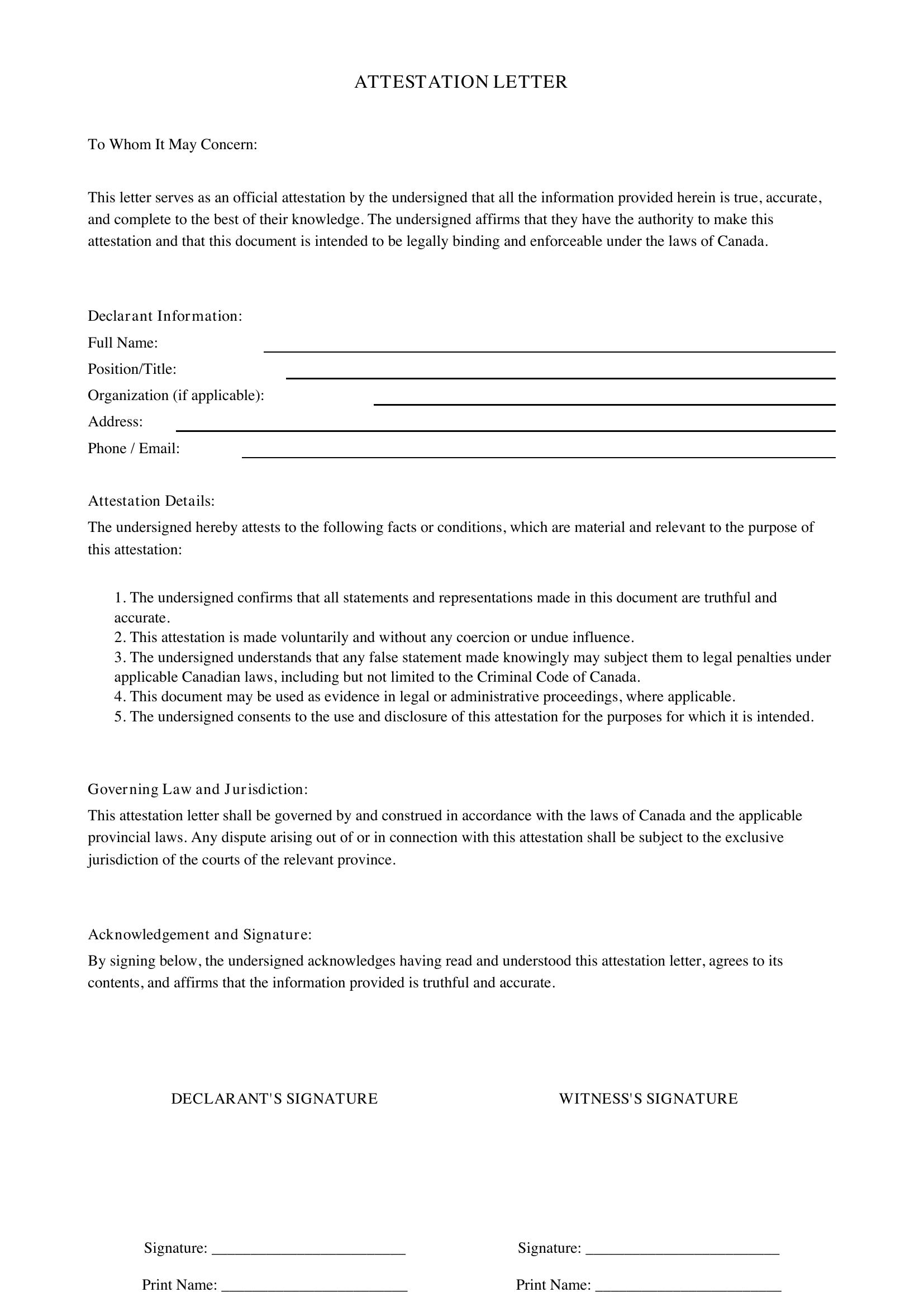Attestation Letter Template - Canada