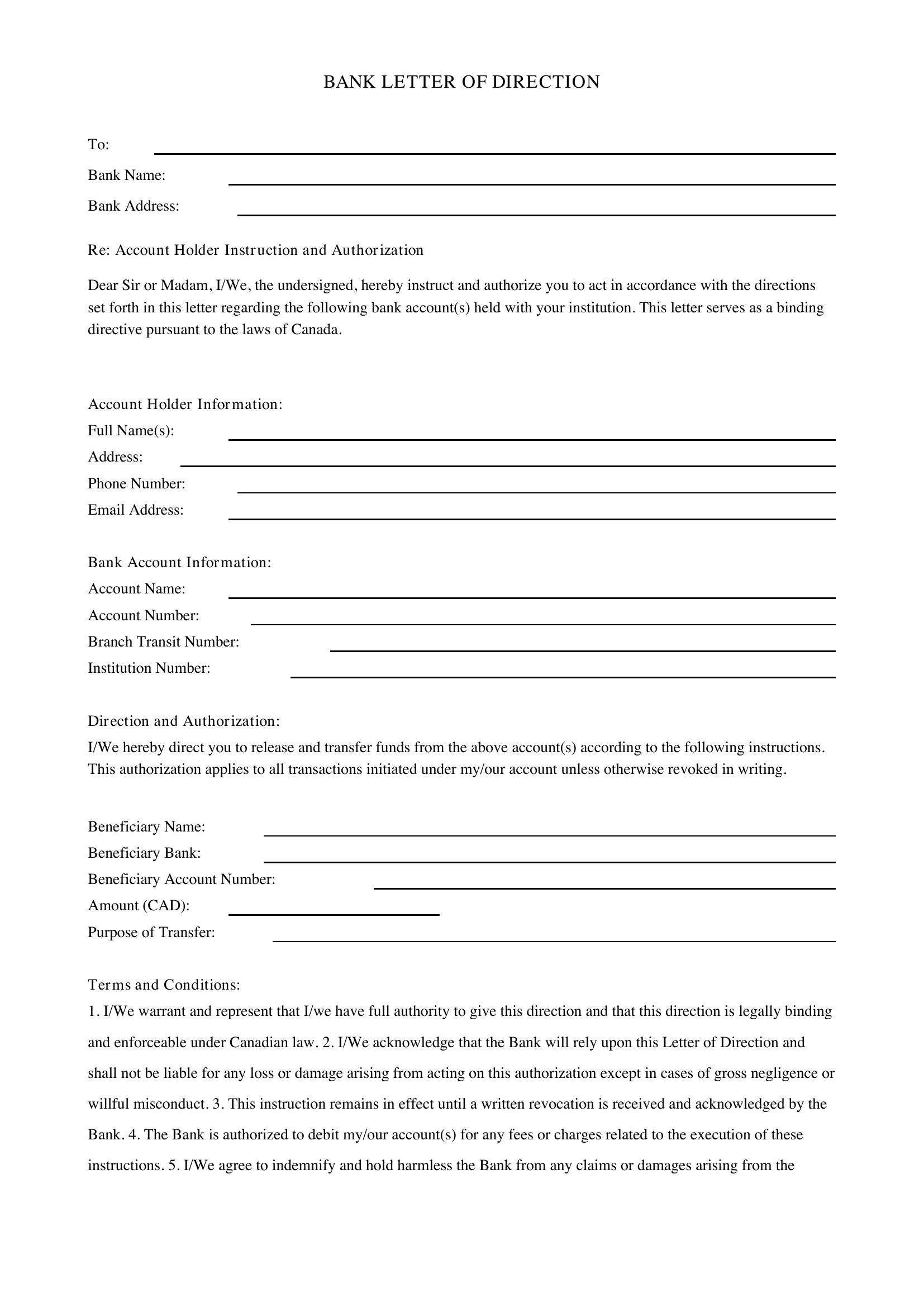 Bank Letter Of Direction Template - Canada