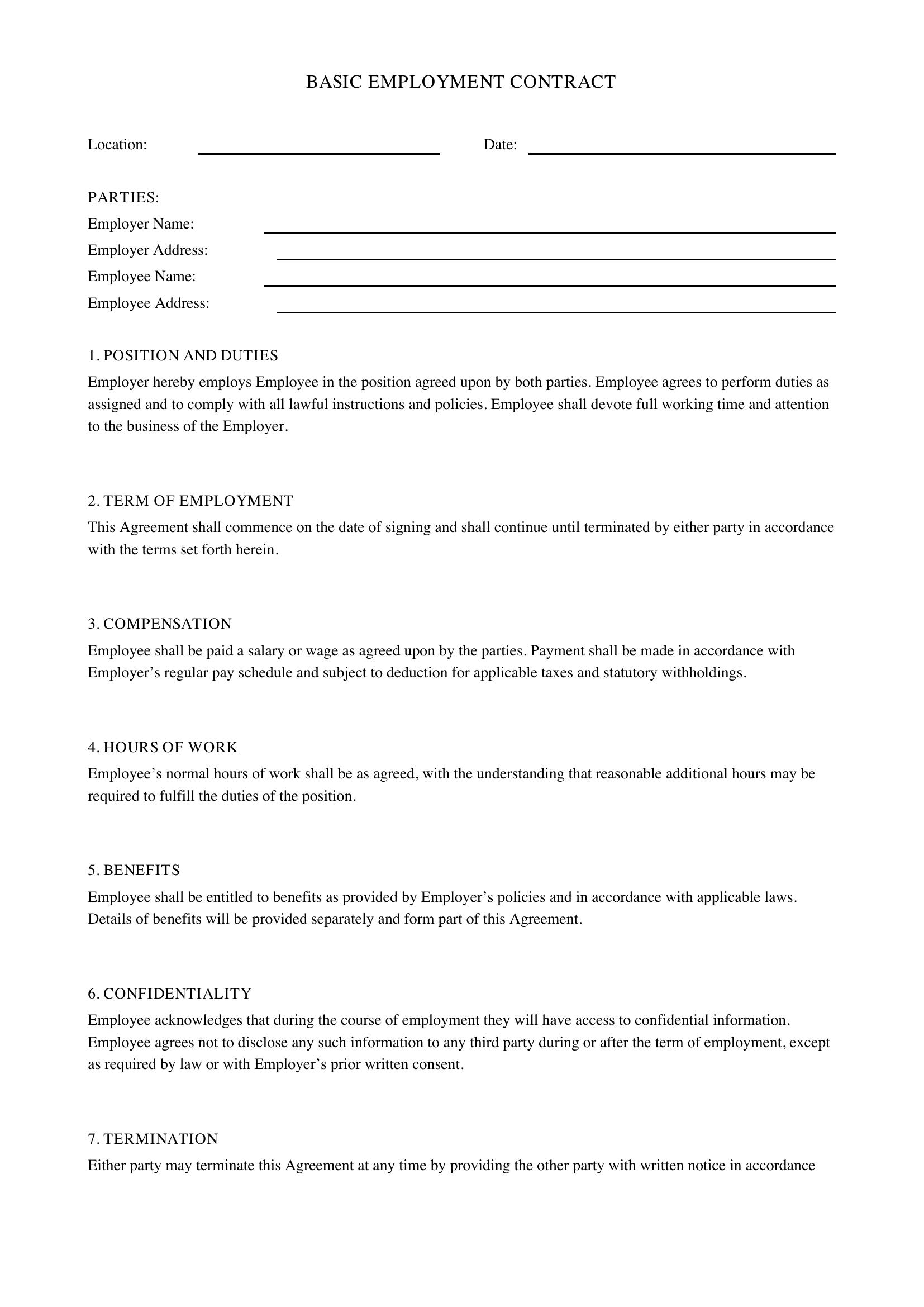 Basic Employment Contract Template - Canada