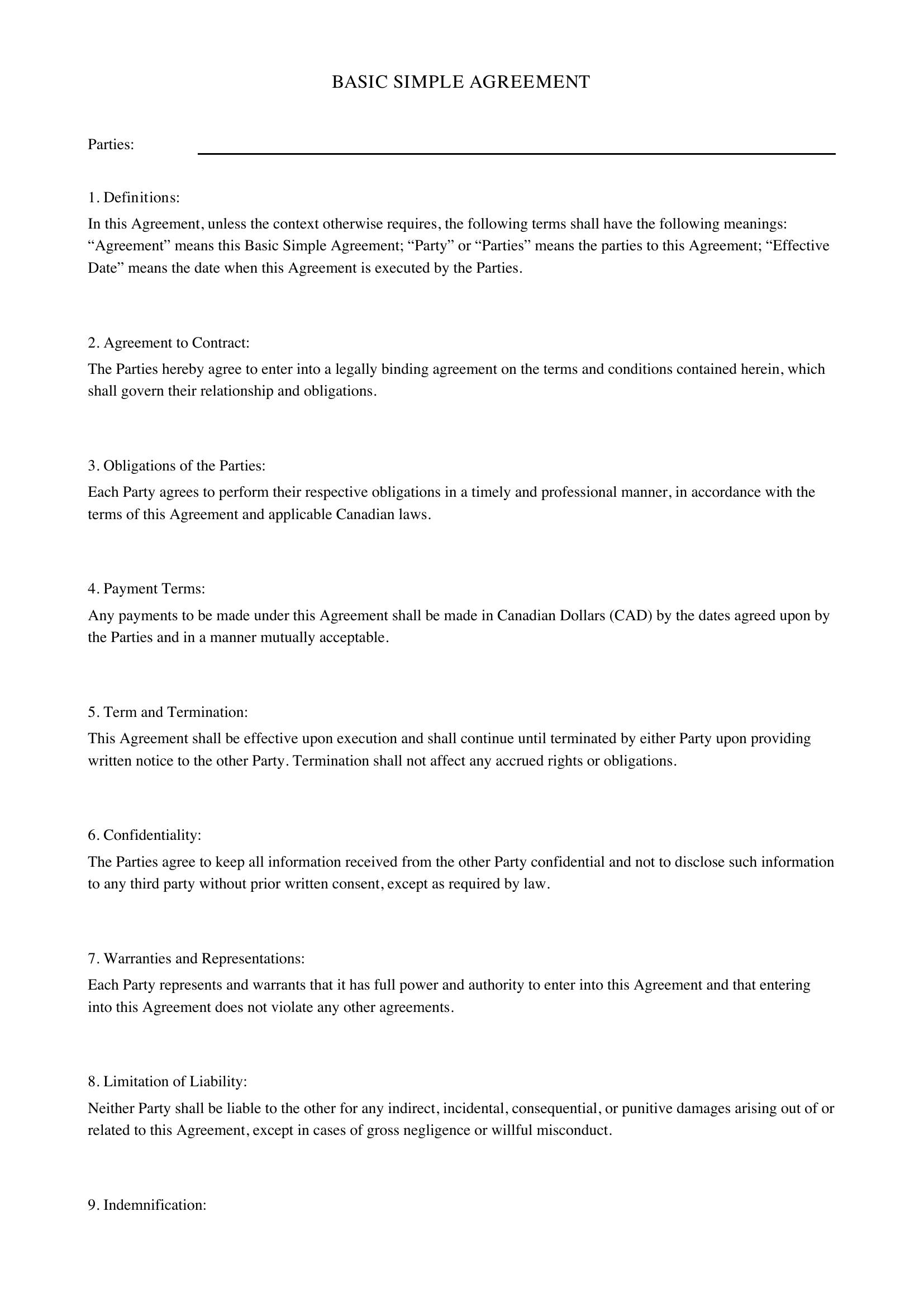 Basic Simple Agreement Template - Canada