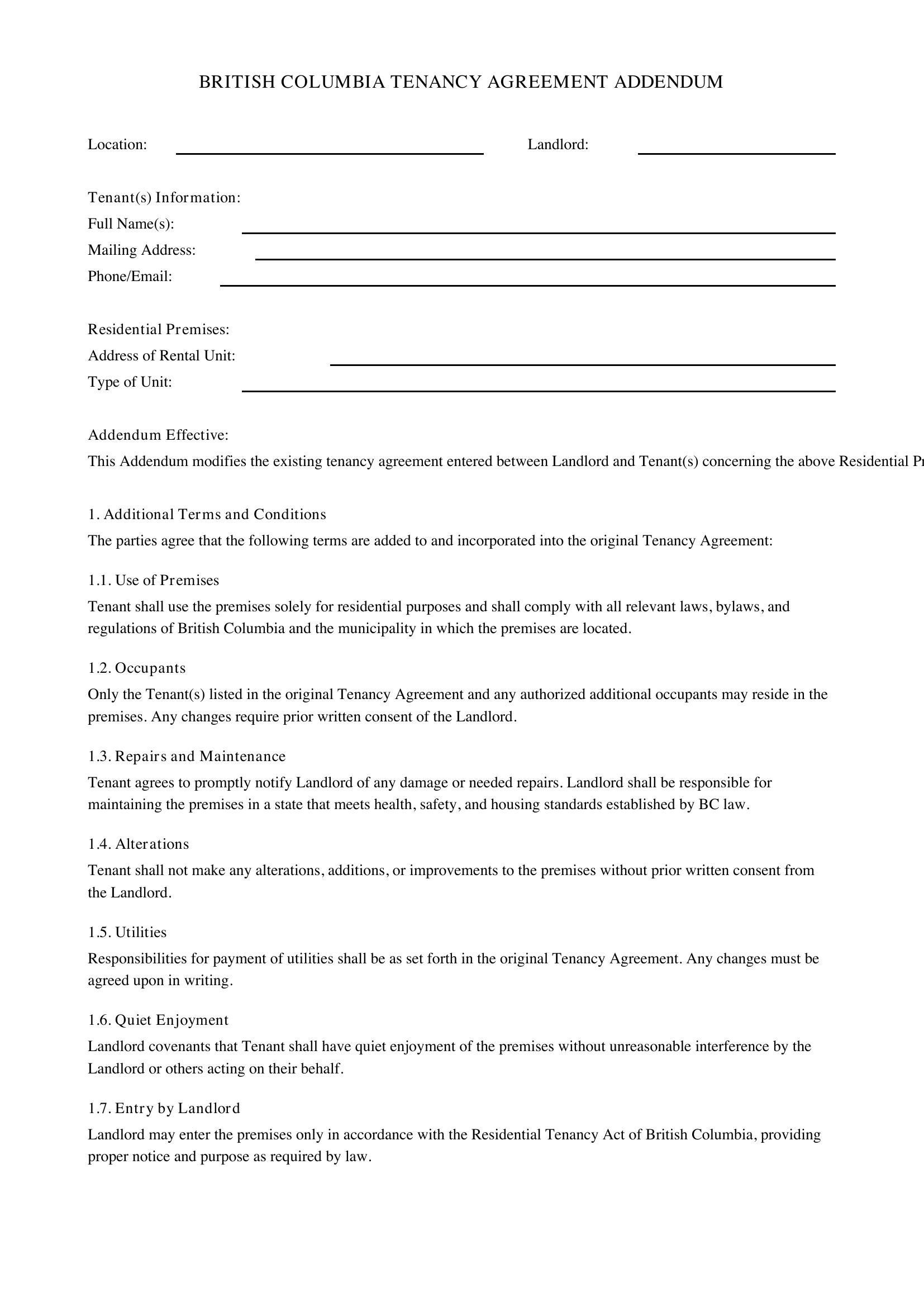 Bc Tenancy Agreement Addendum Template - Canada