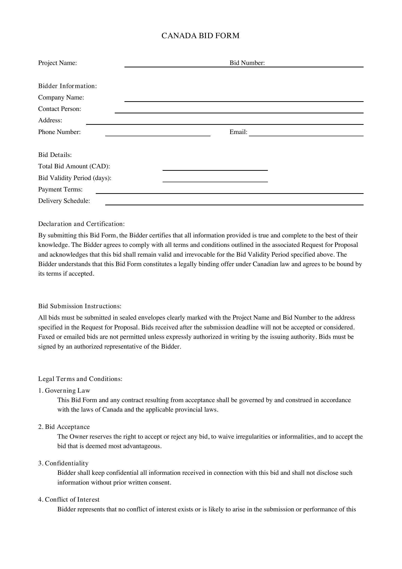 Bid Form Template - Canada