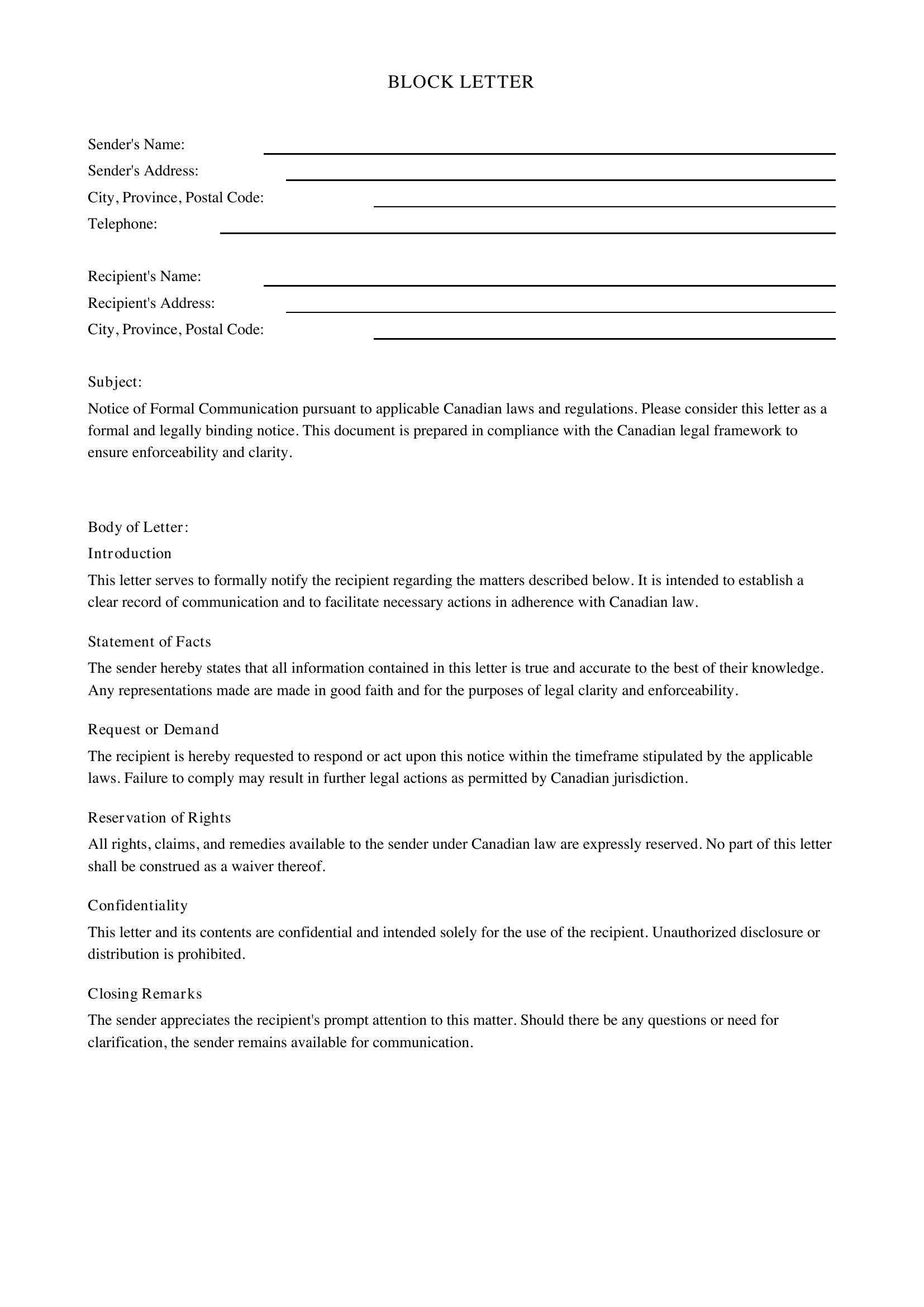 Block Letter Template - Canada