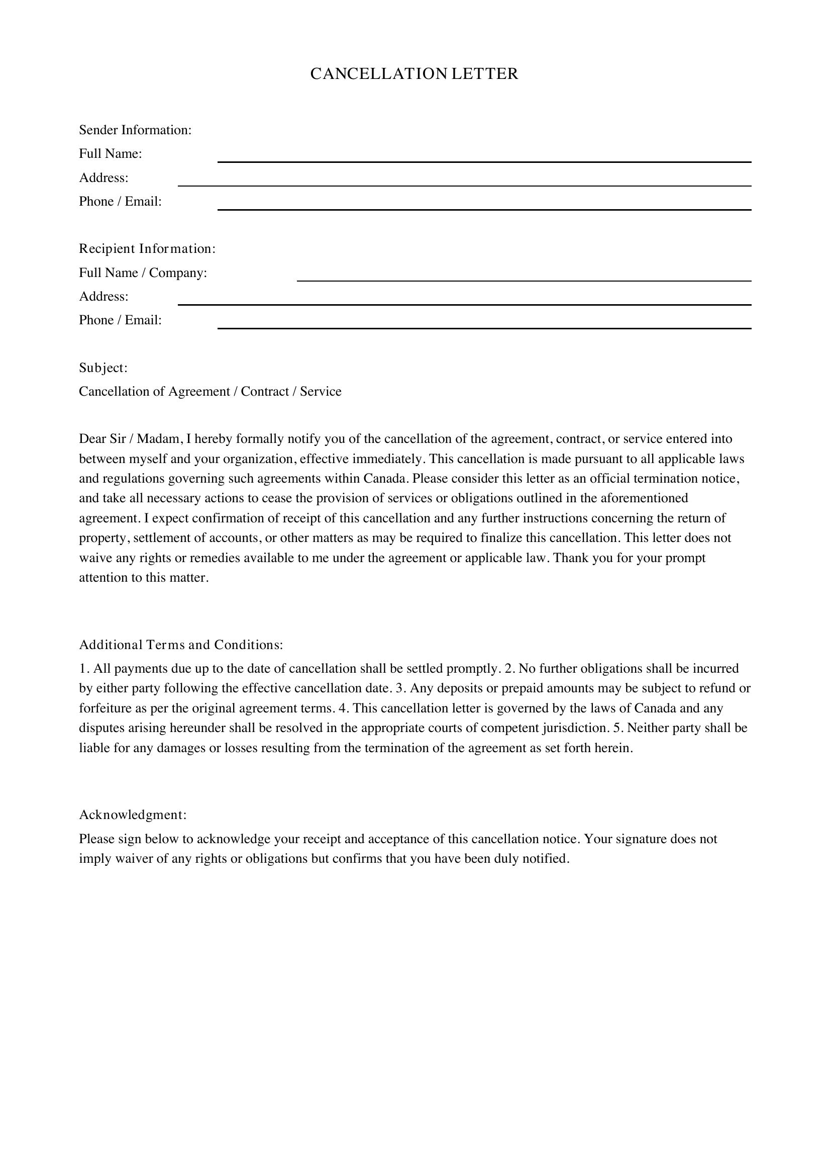 Cancellation Letter Template - Canada