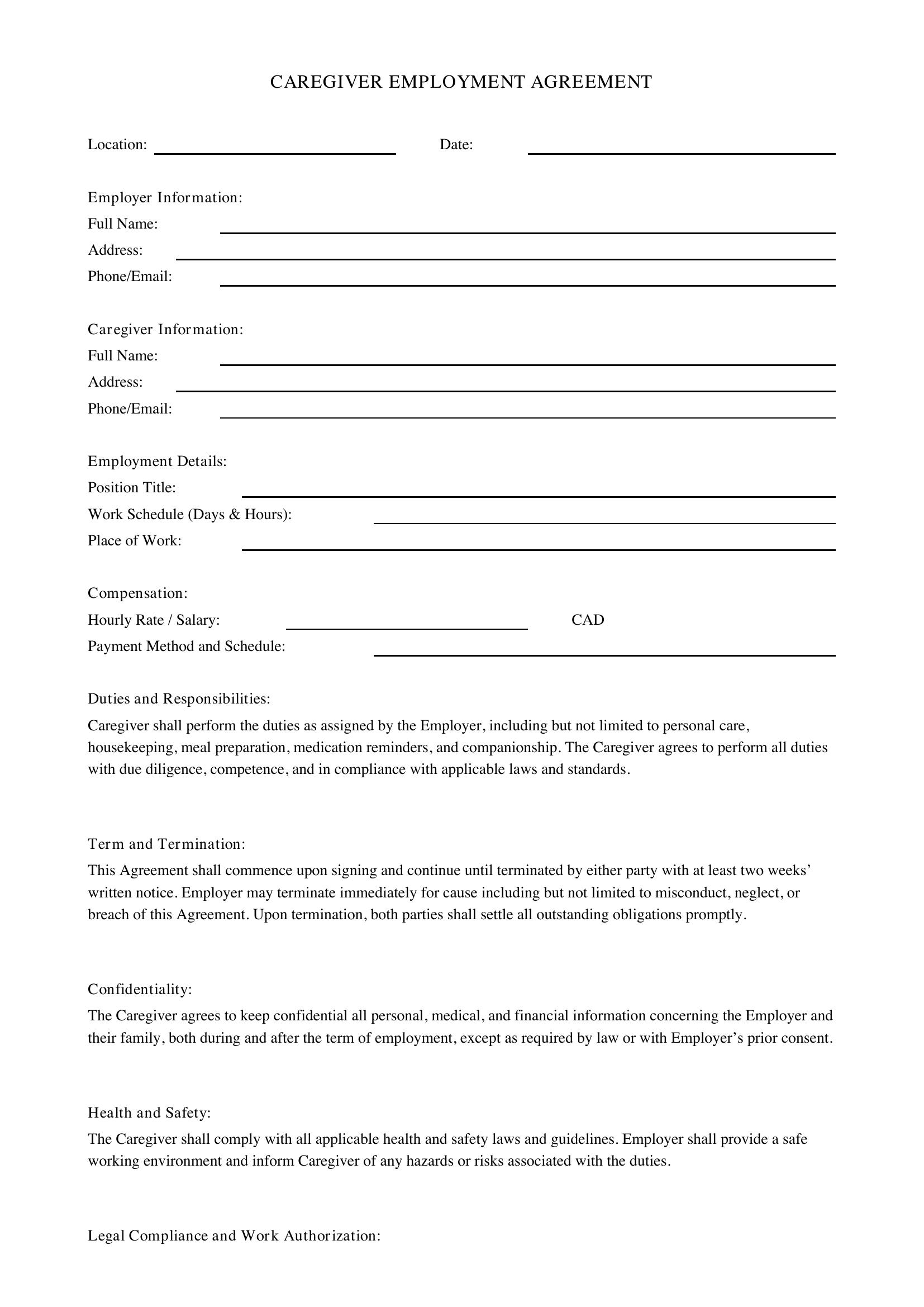 Caregiver Contract Template - Canada
