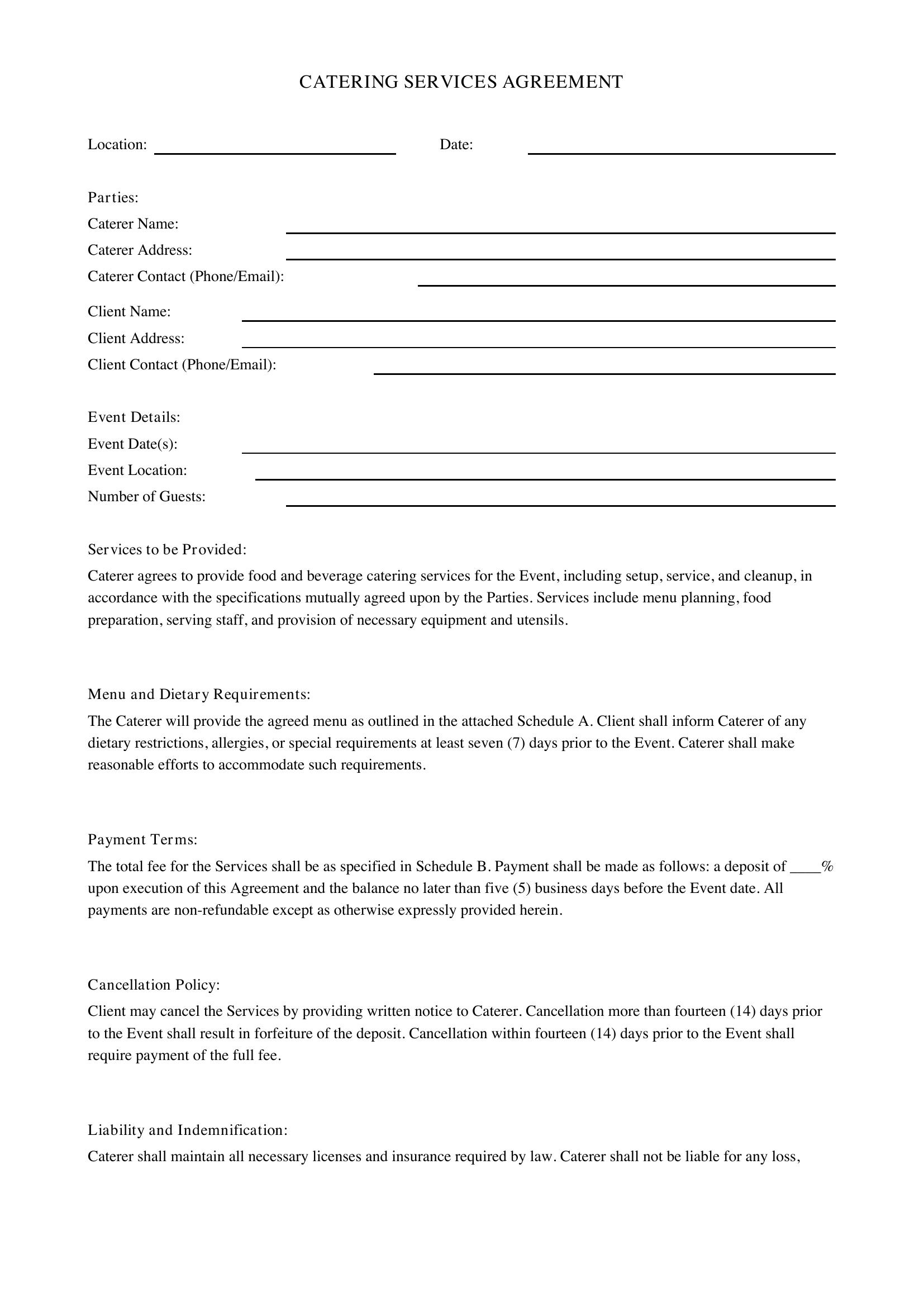 Catering Contract Template - Canada