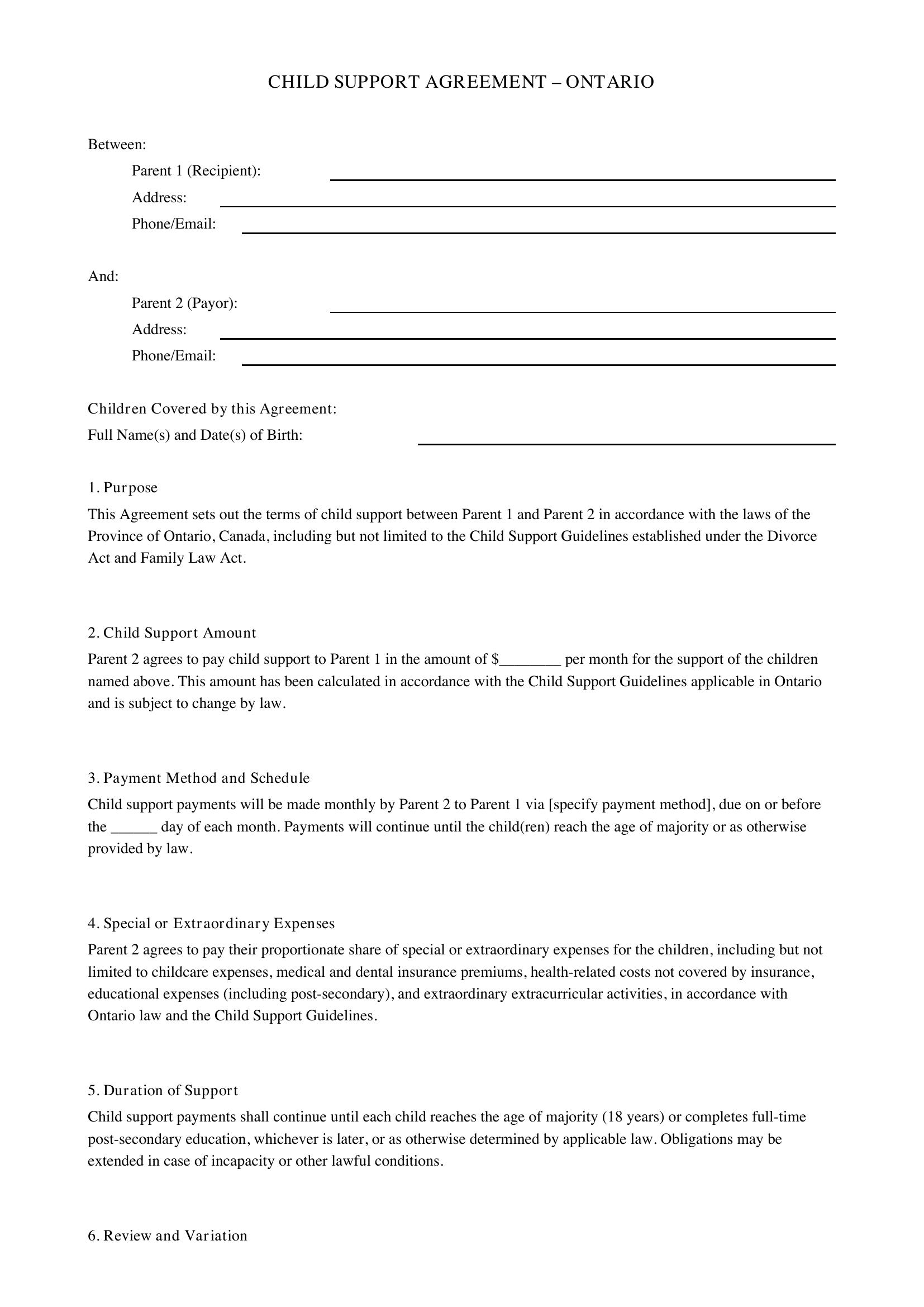 Child Support Agreement Ontario Template - Canada