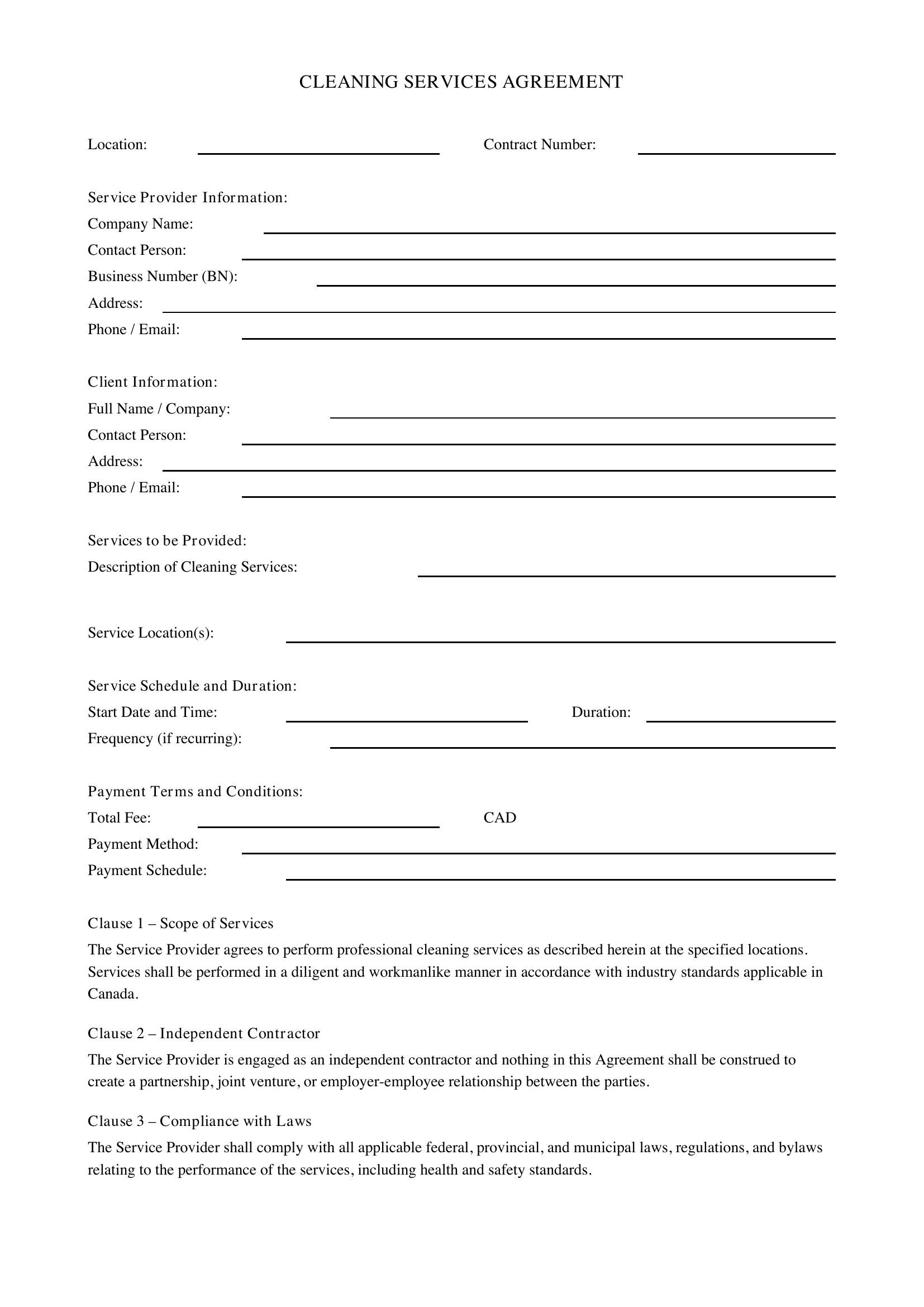 Cleaning Contract Template - Canada