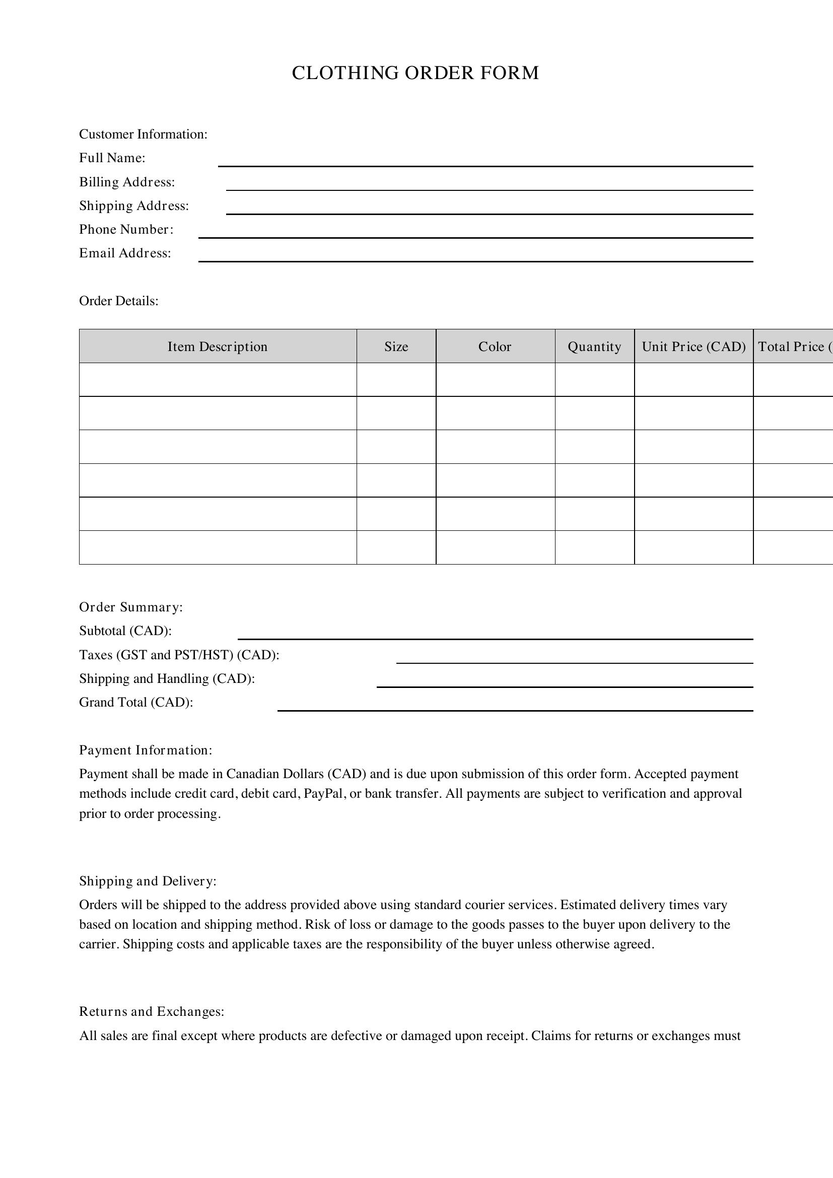 Clothing Order Form Template - Canada