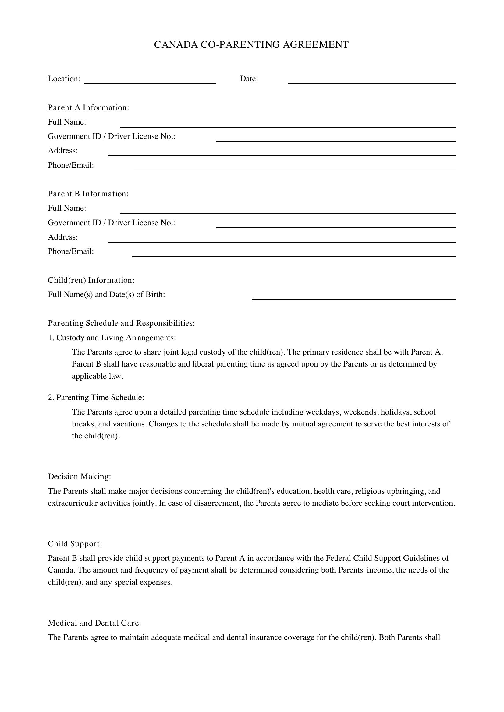 Co Parenting Agreement Template - Canada