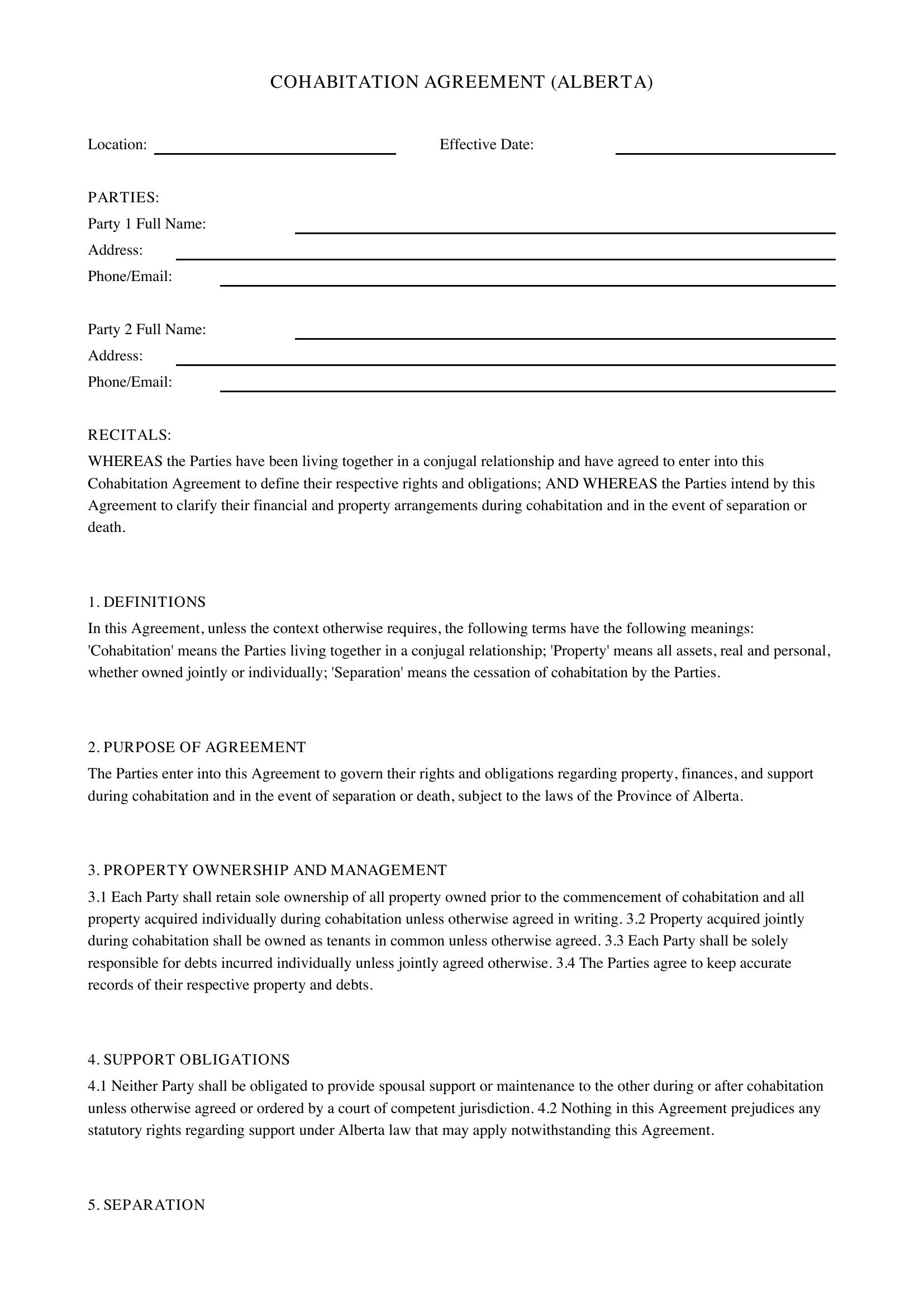 Cohabitation Agreement Alberta Template - Canada