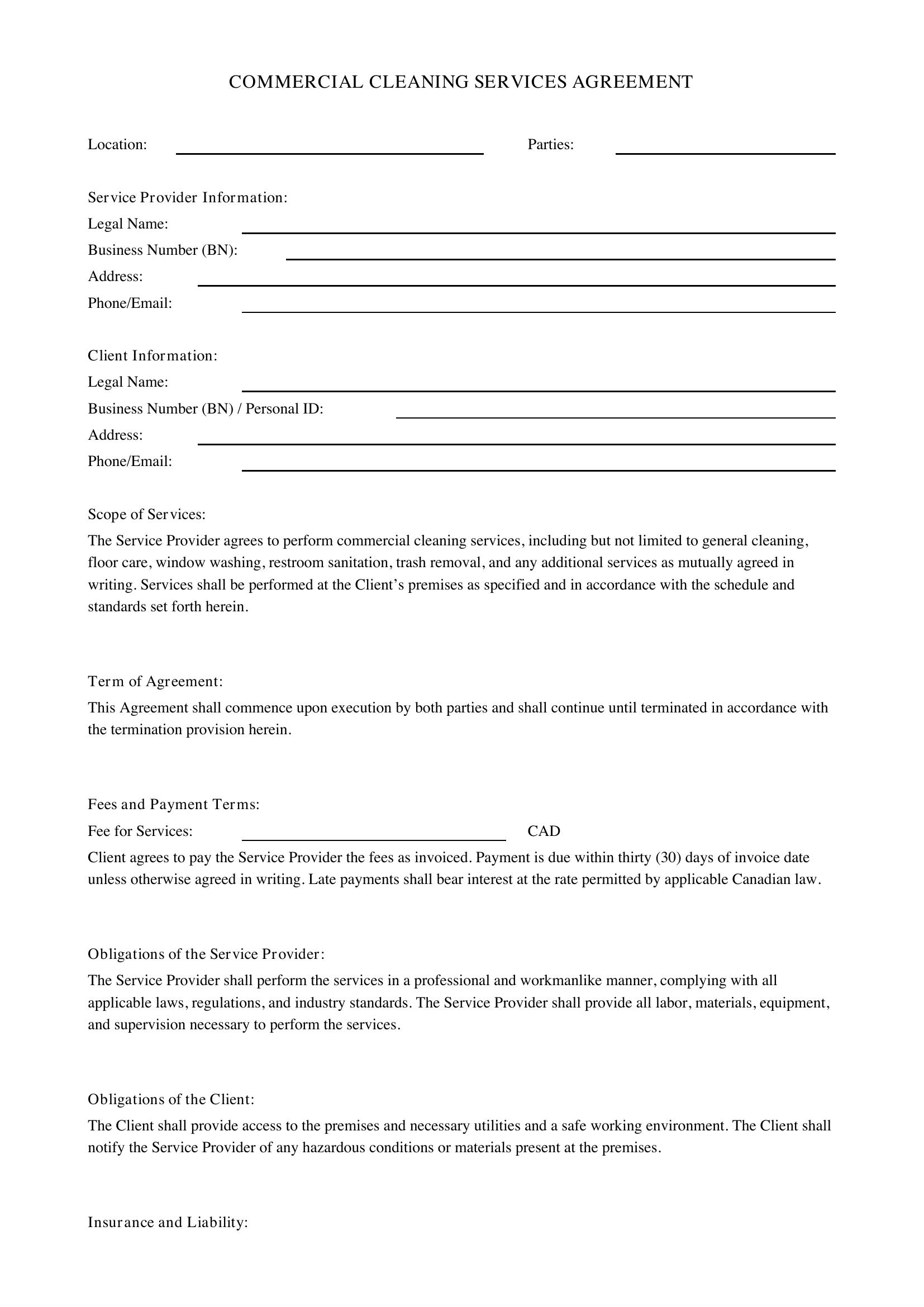 Commercial Cleaning Contract Template - Canada