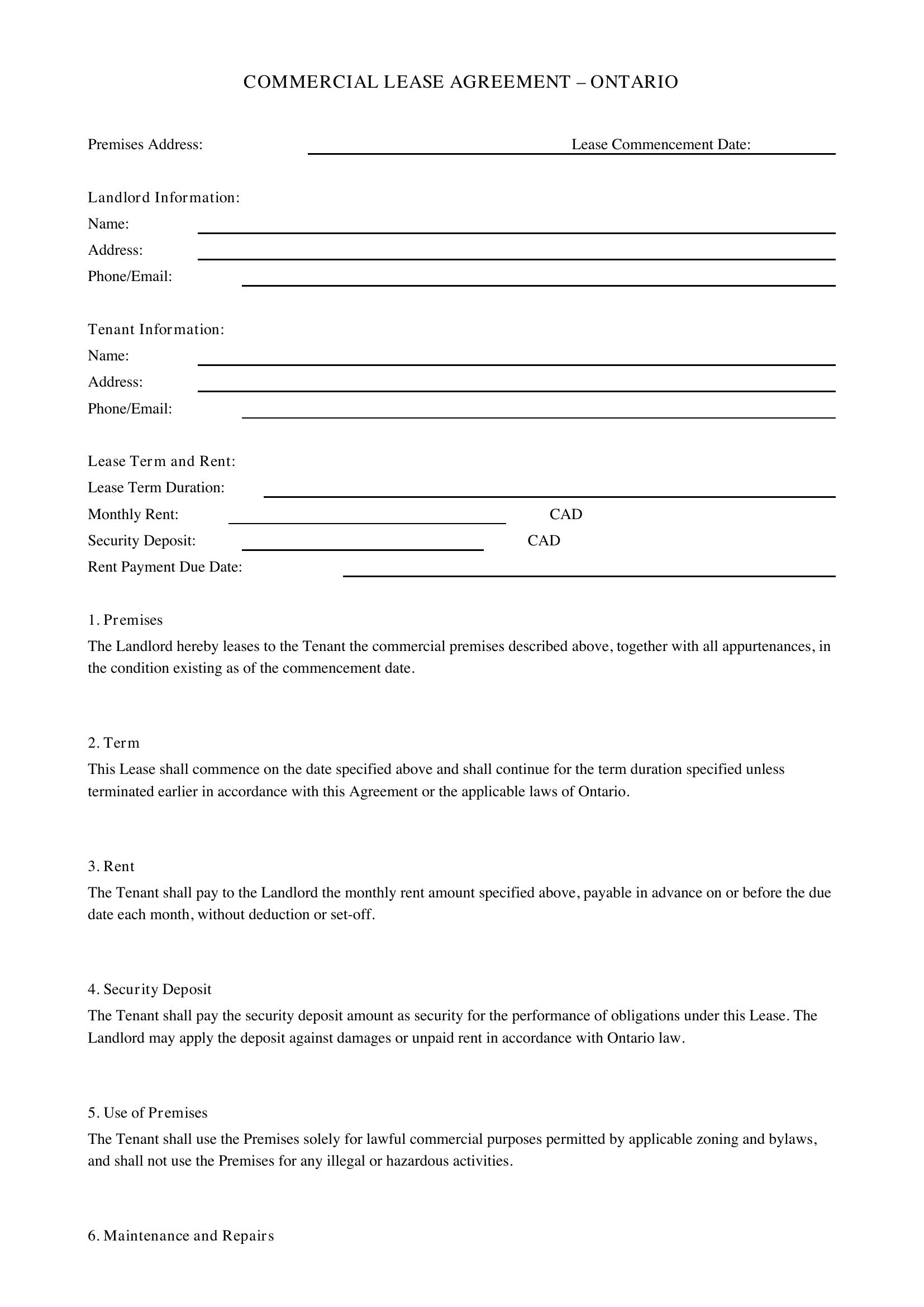 Commercial Lease Agreement Ontario Template - Canada