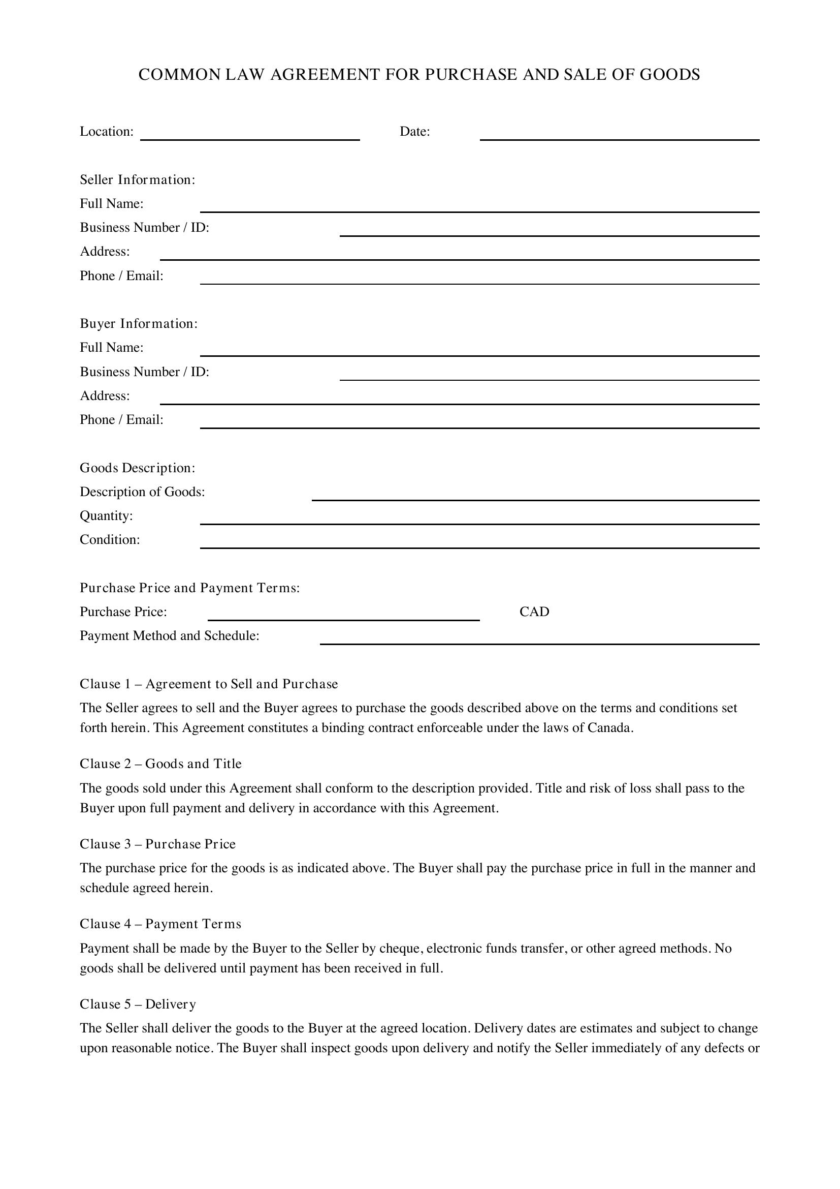 Common Law Agreement Template - Canada