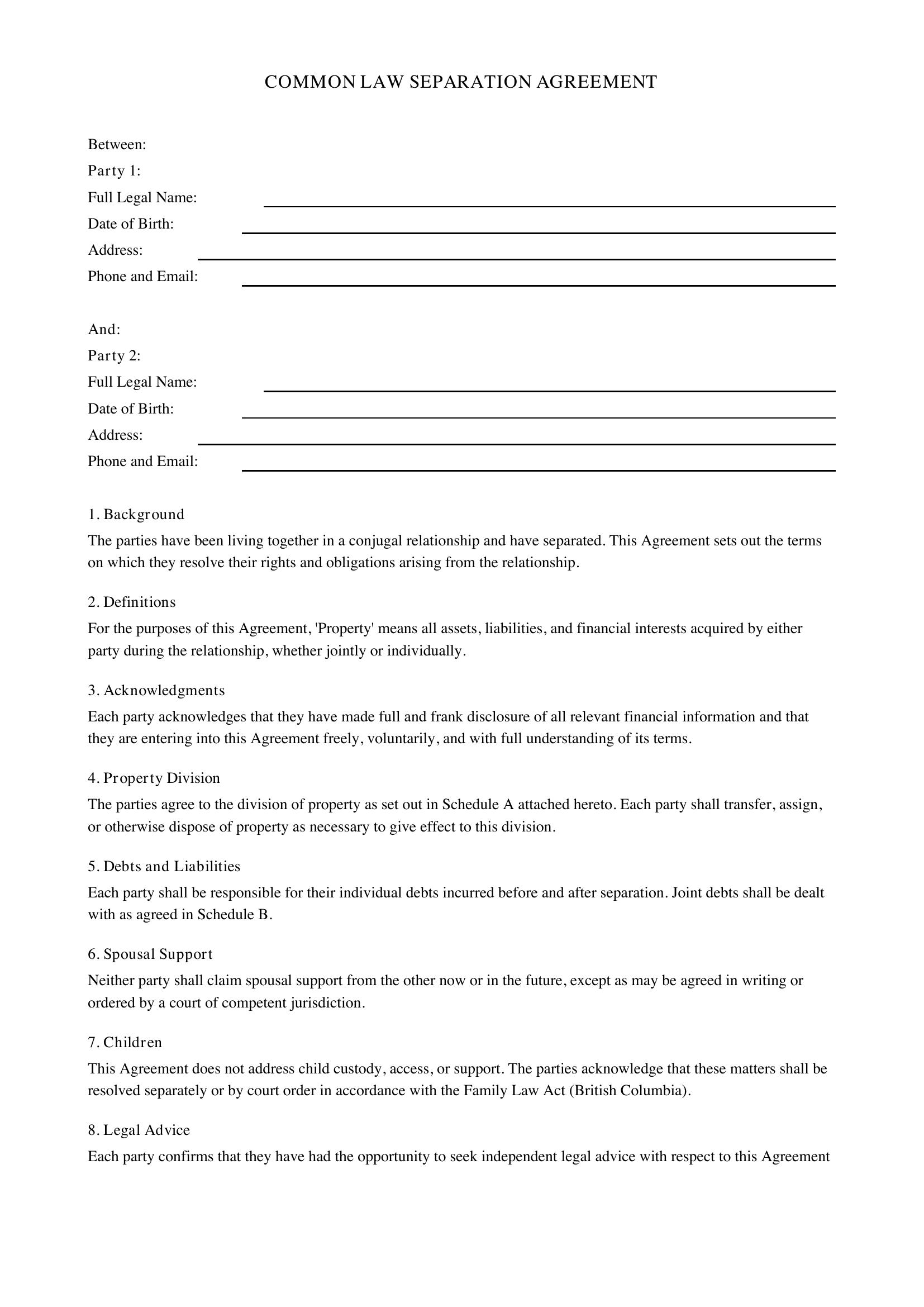 Common Law Separation Agreement Bc Template - Canada