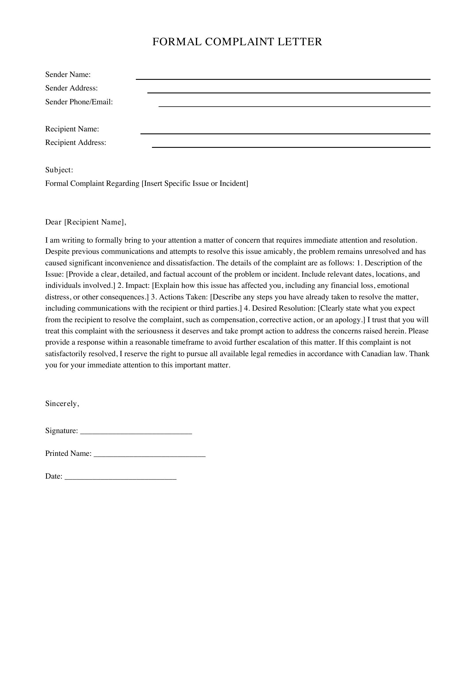 Complaint Letter Template - Canada