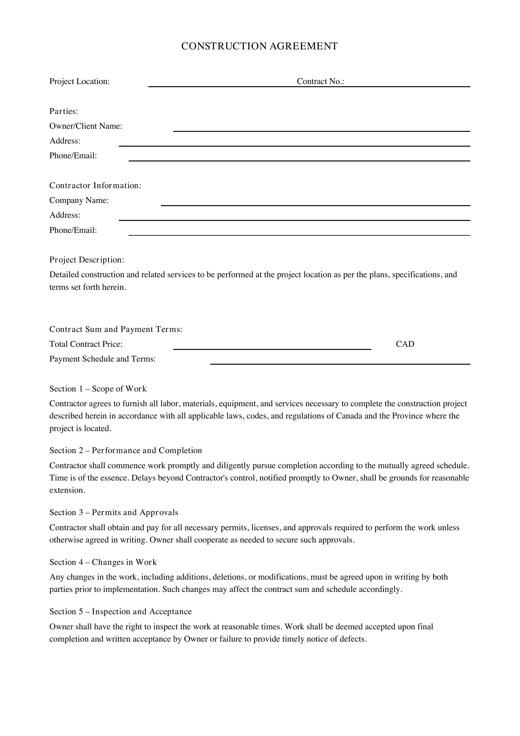 Construction Agreement Template - Canada