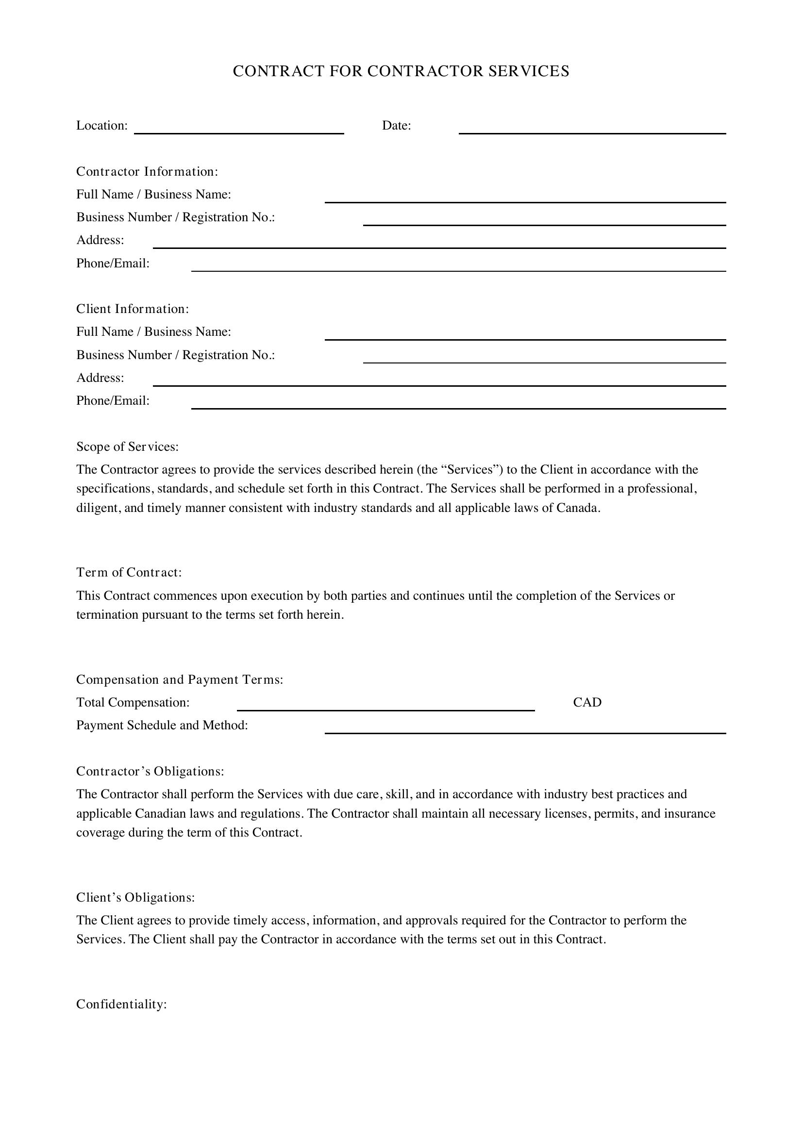 Contract For Contractor Template - Canada
