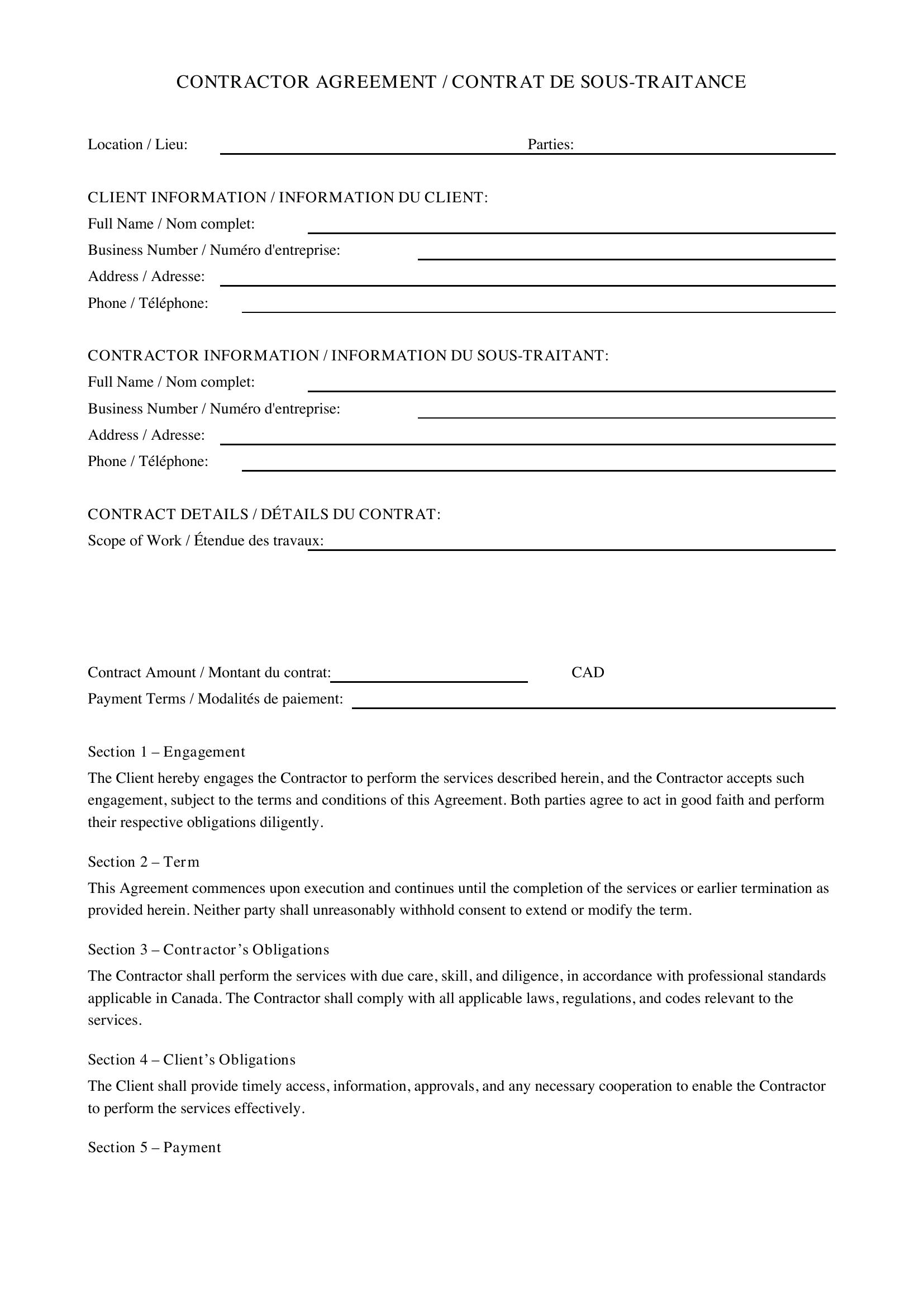Contractors Contract Template - Canada