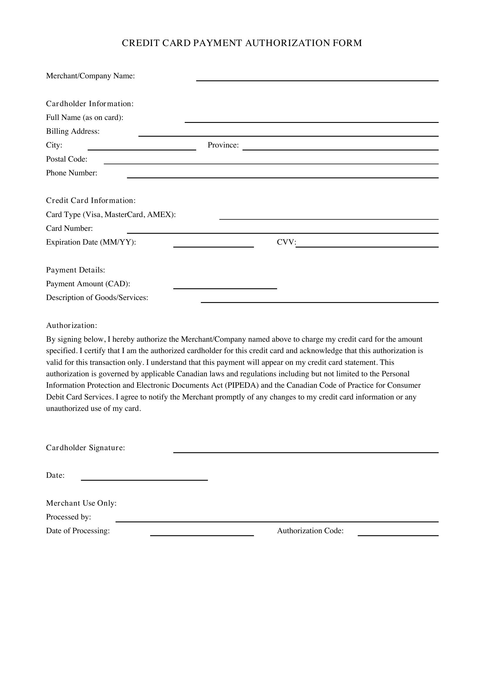 Credit Card Payment Form Template - Canada