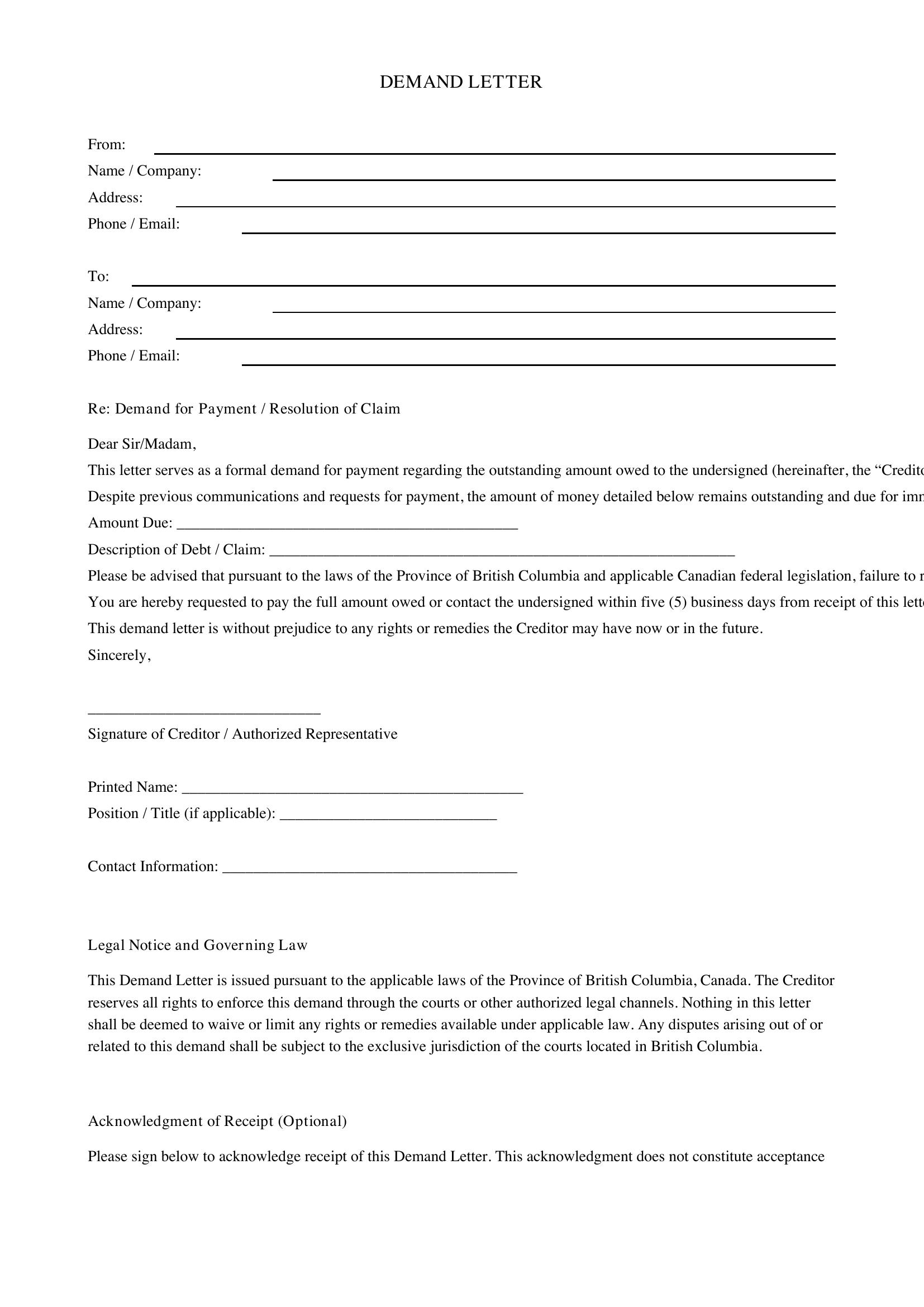 Demand Letter Bc Template - Canada