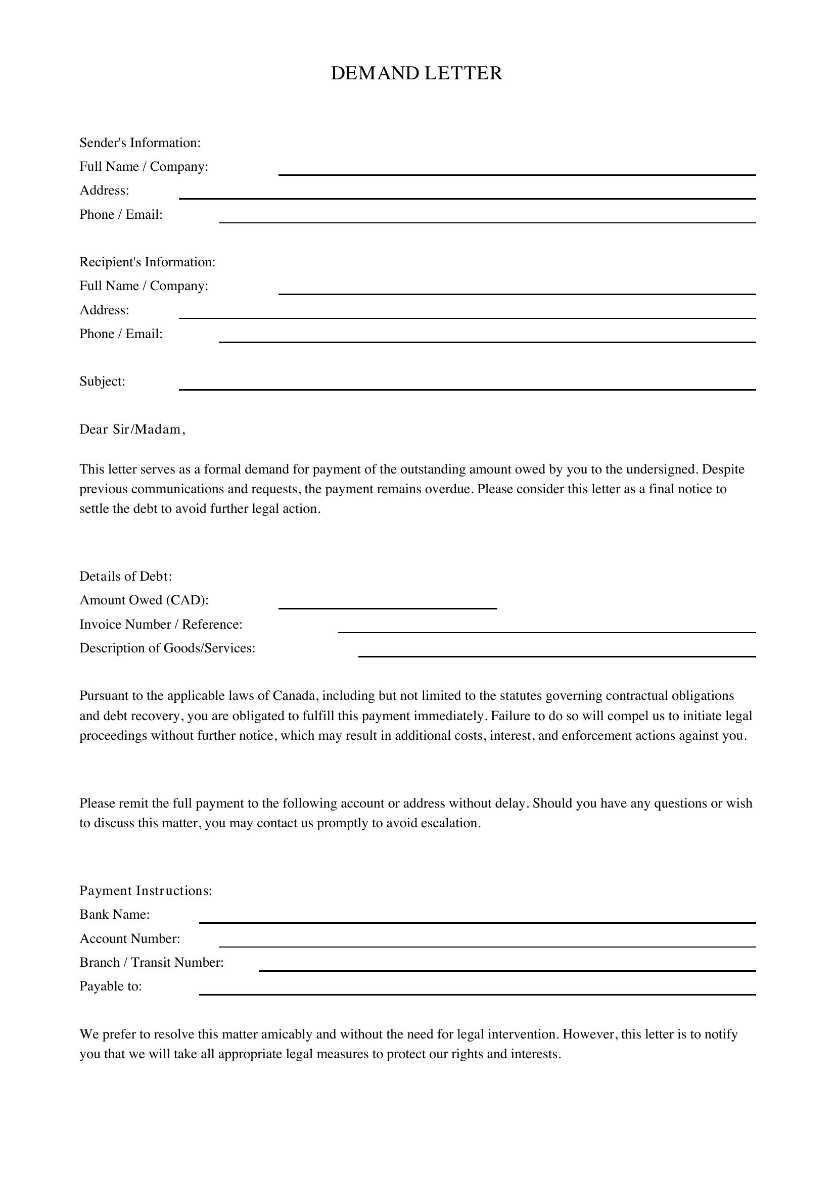 Demand Letter Template - Canada