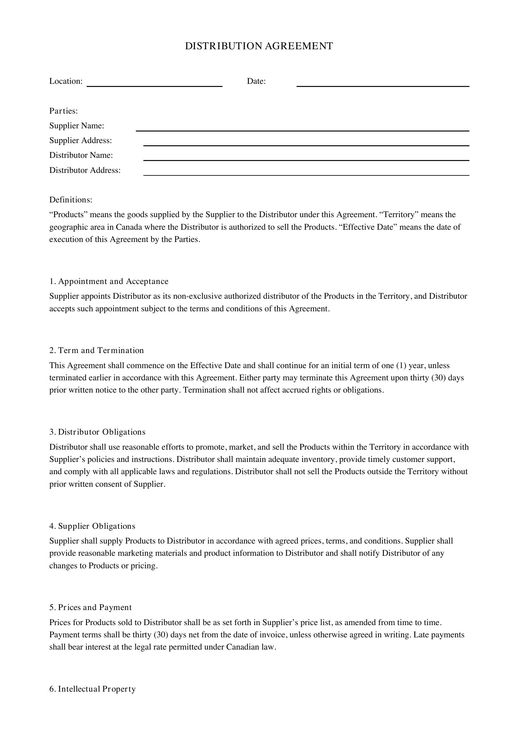 Distribution Agreement Template - Canada