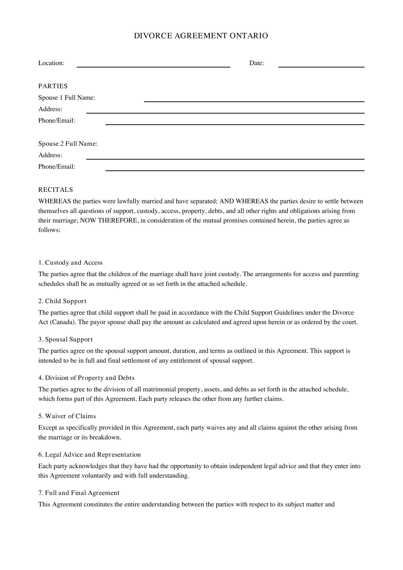 Divorce Agreement Ontario Template - Canada