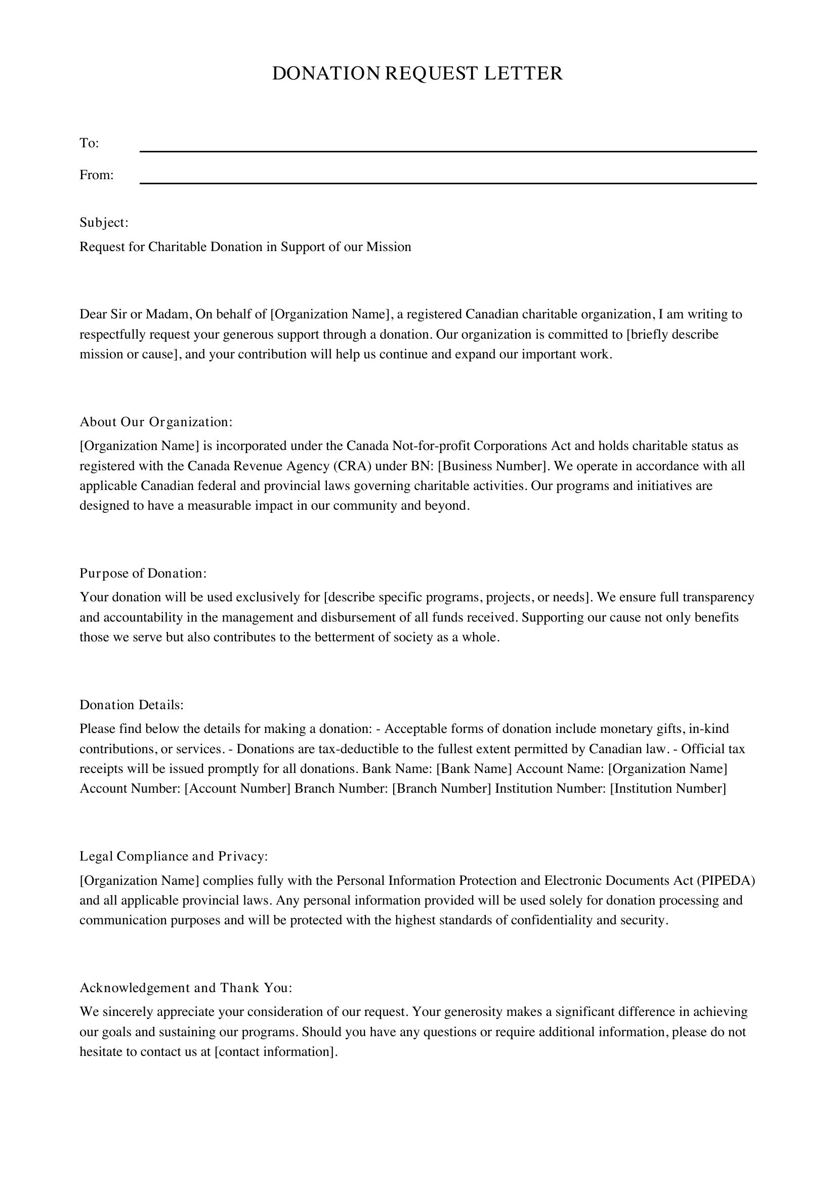 Donation Request Letter Template - Canada