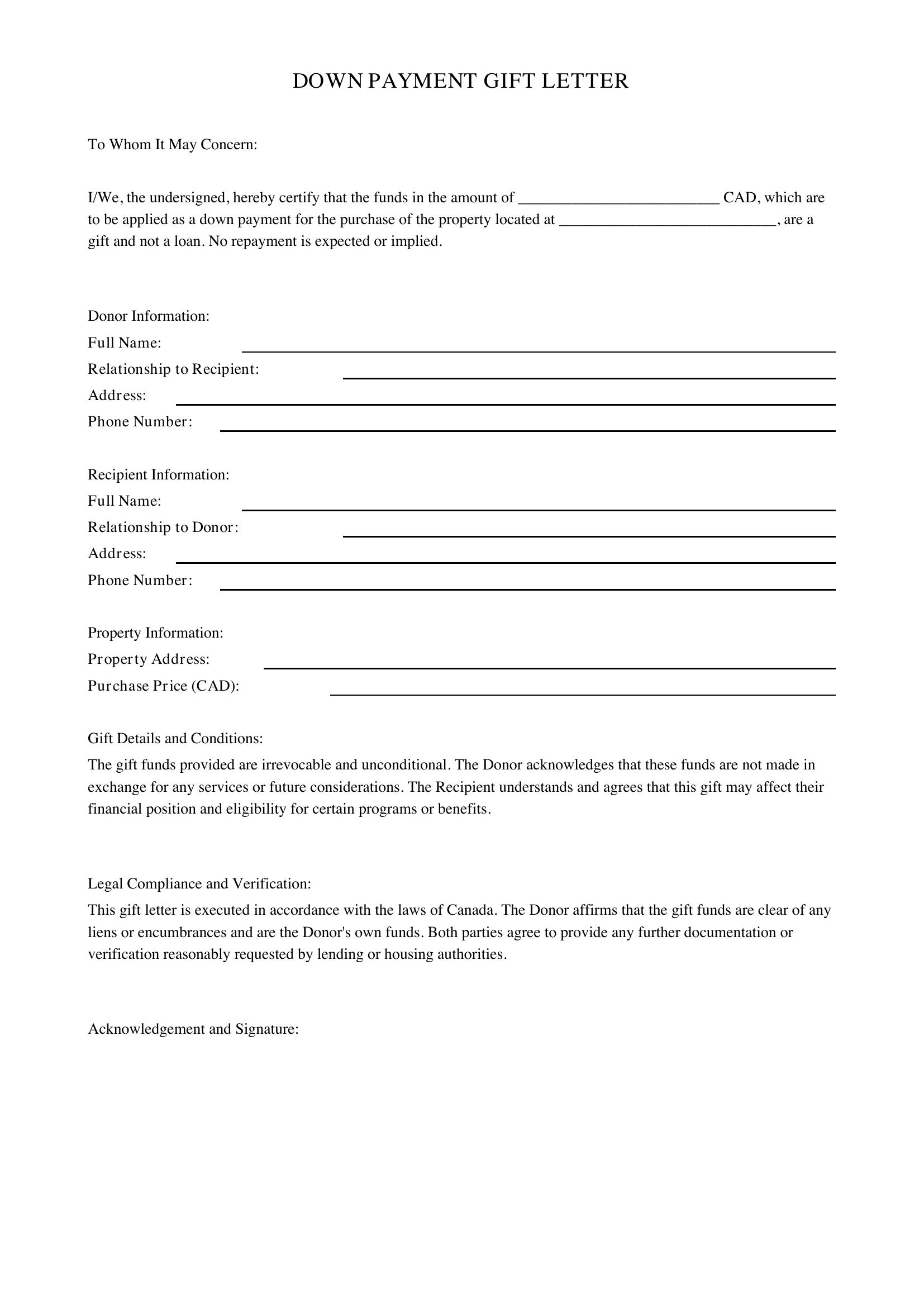 Down Payment Gift Letter Template - Canada