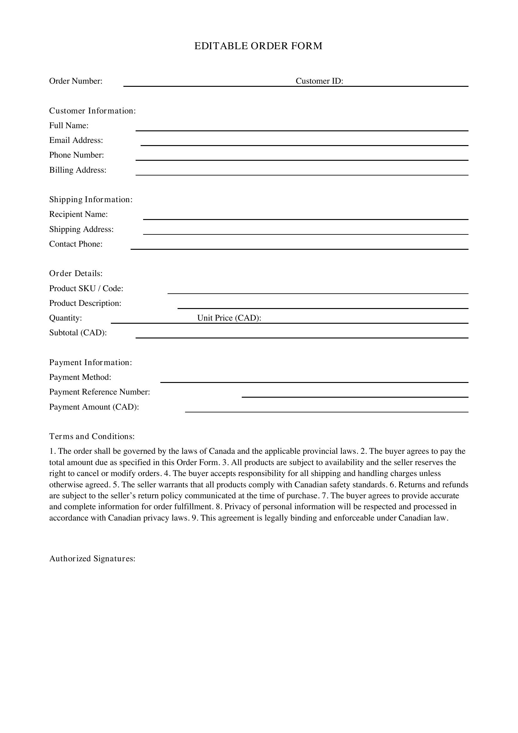 Editable Order Form Template - Canada