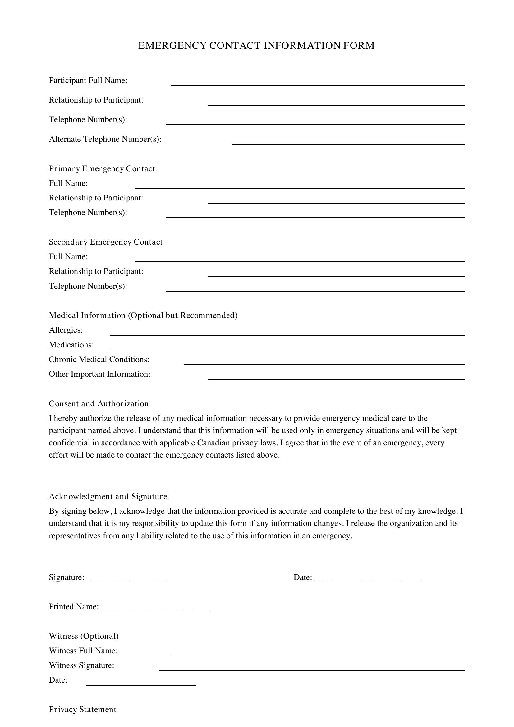 Emergency Contact Form Template - Canada