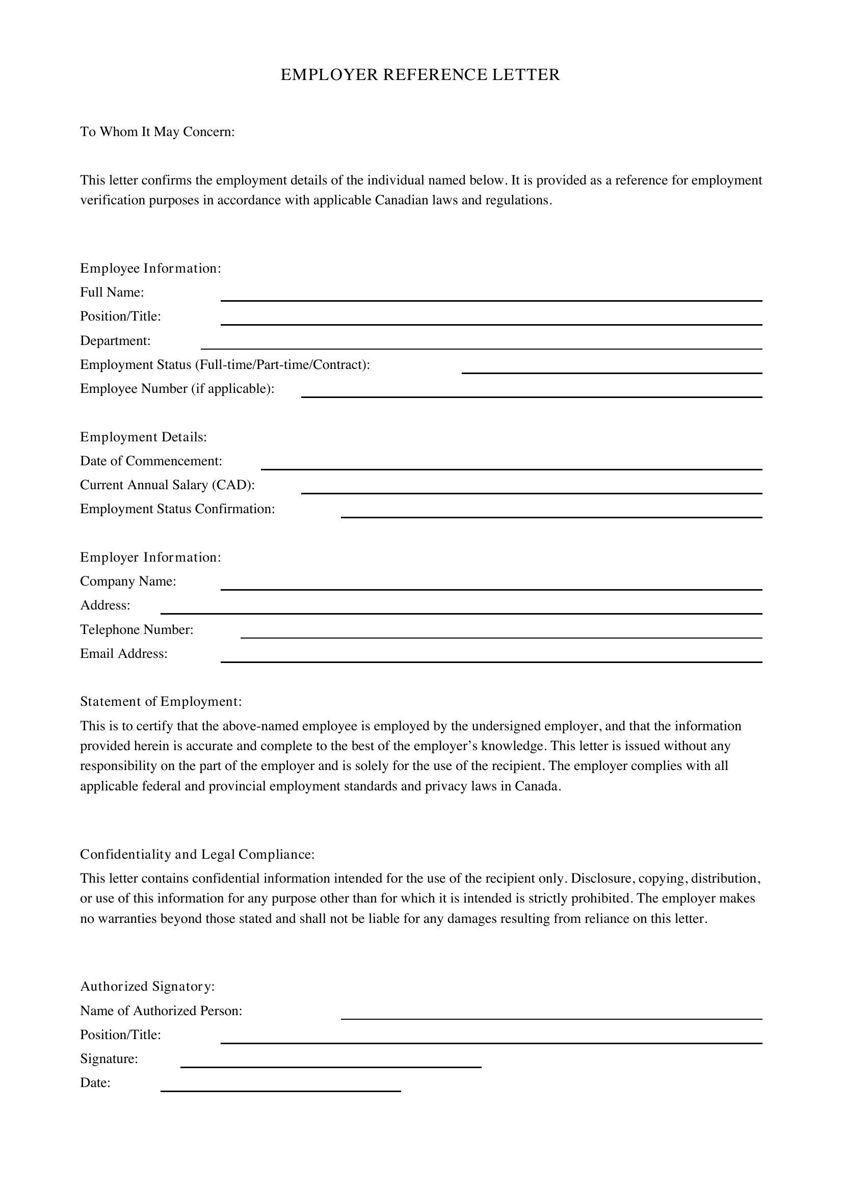 Employer Reference Letter Template - Canada