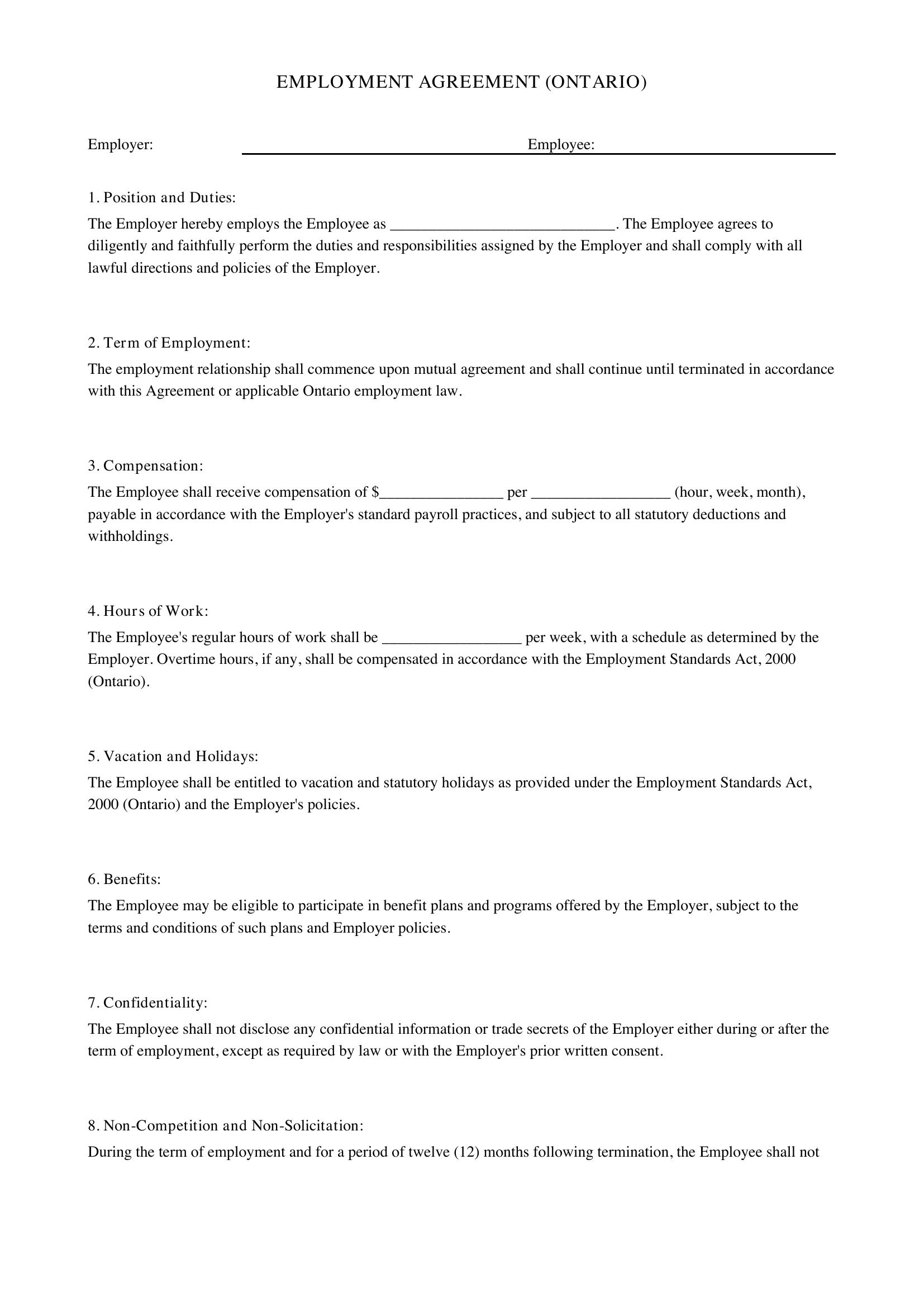 Employment Agreement Ontario Template - Canada