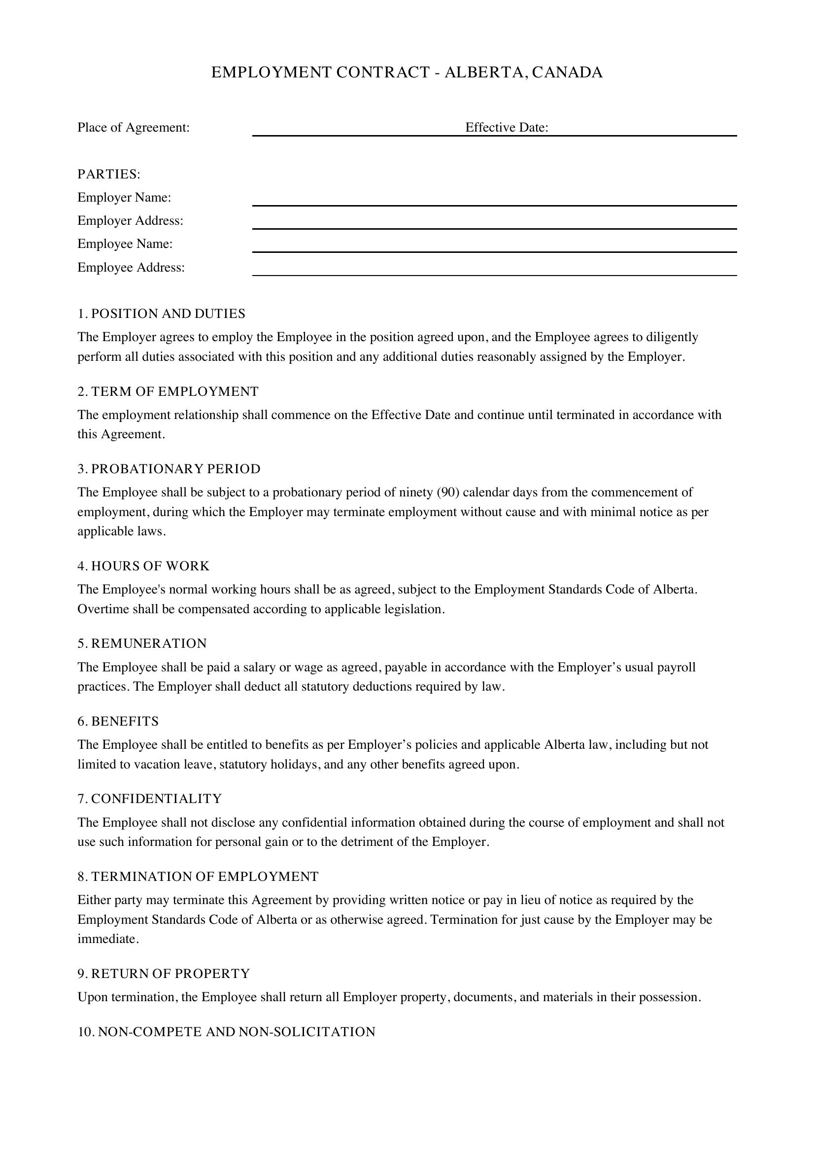 Employment Contract Alberta Template - Canada