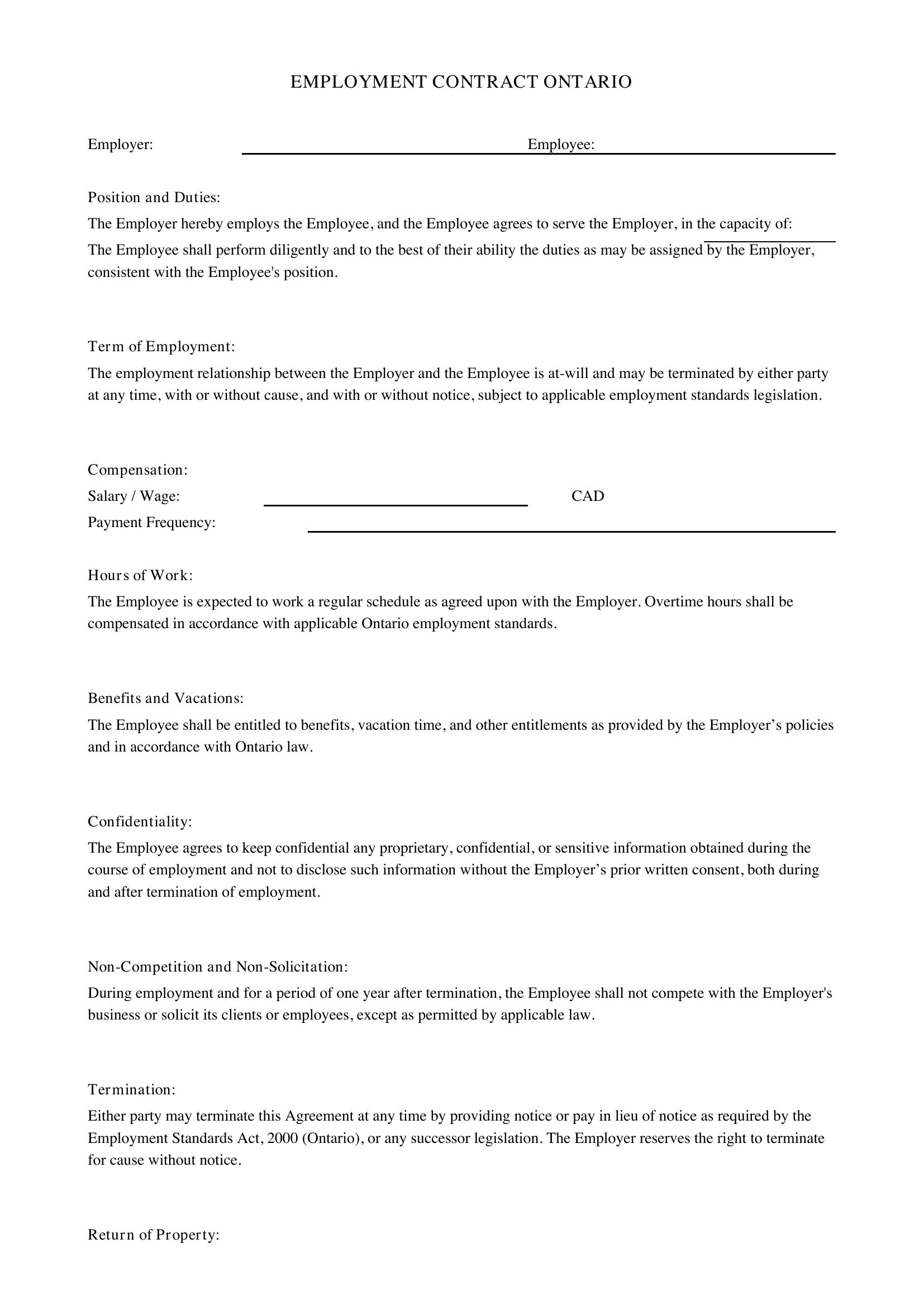 Employment Contract Ontario Template - Canada