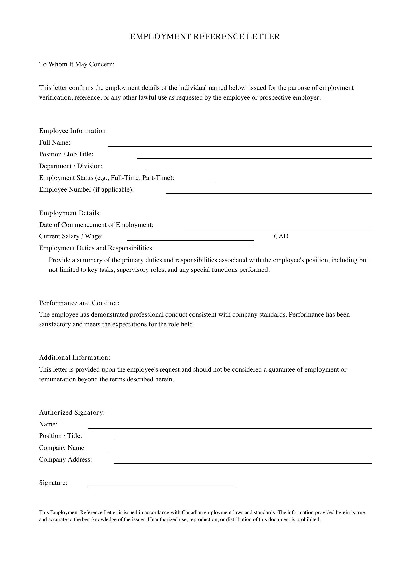 Employment Reference Letter Template - Canada