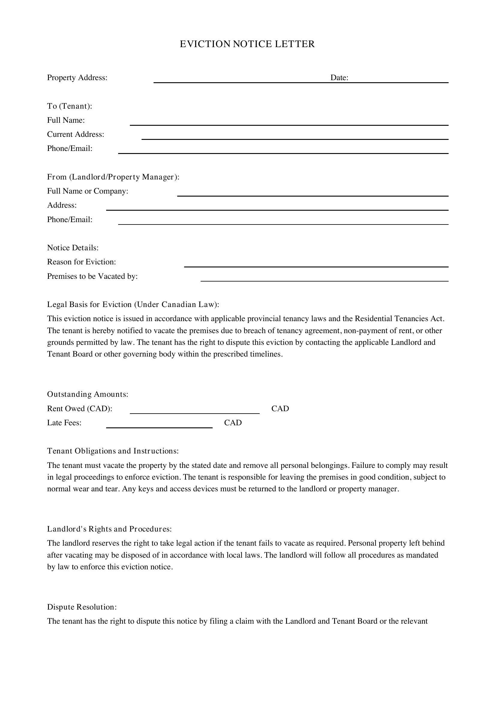 Eviction Letter Template - Canada