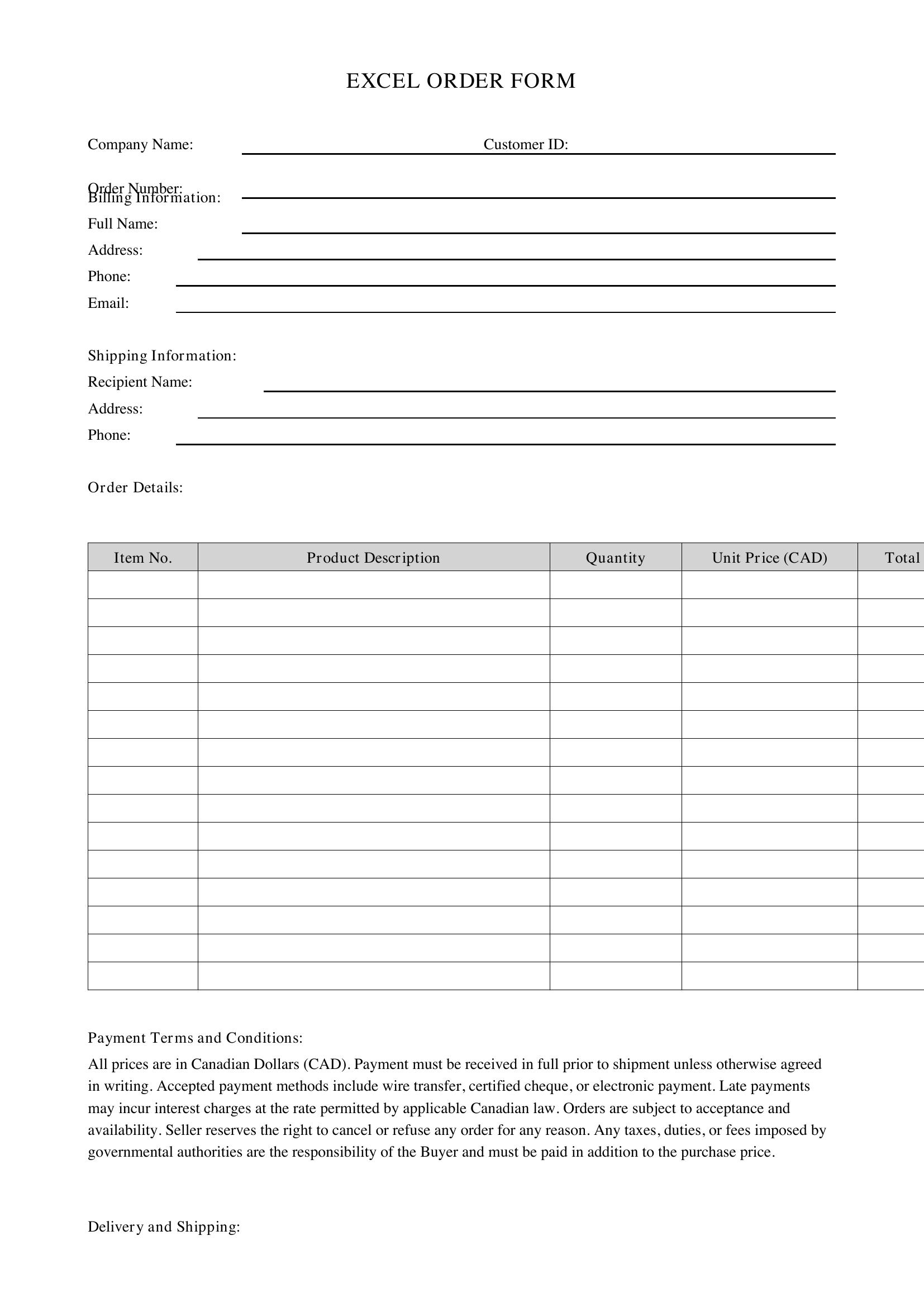 Excel Order Form Template - Canada
