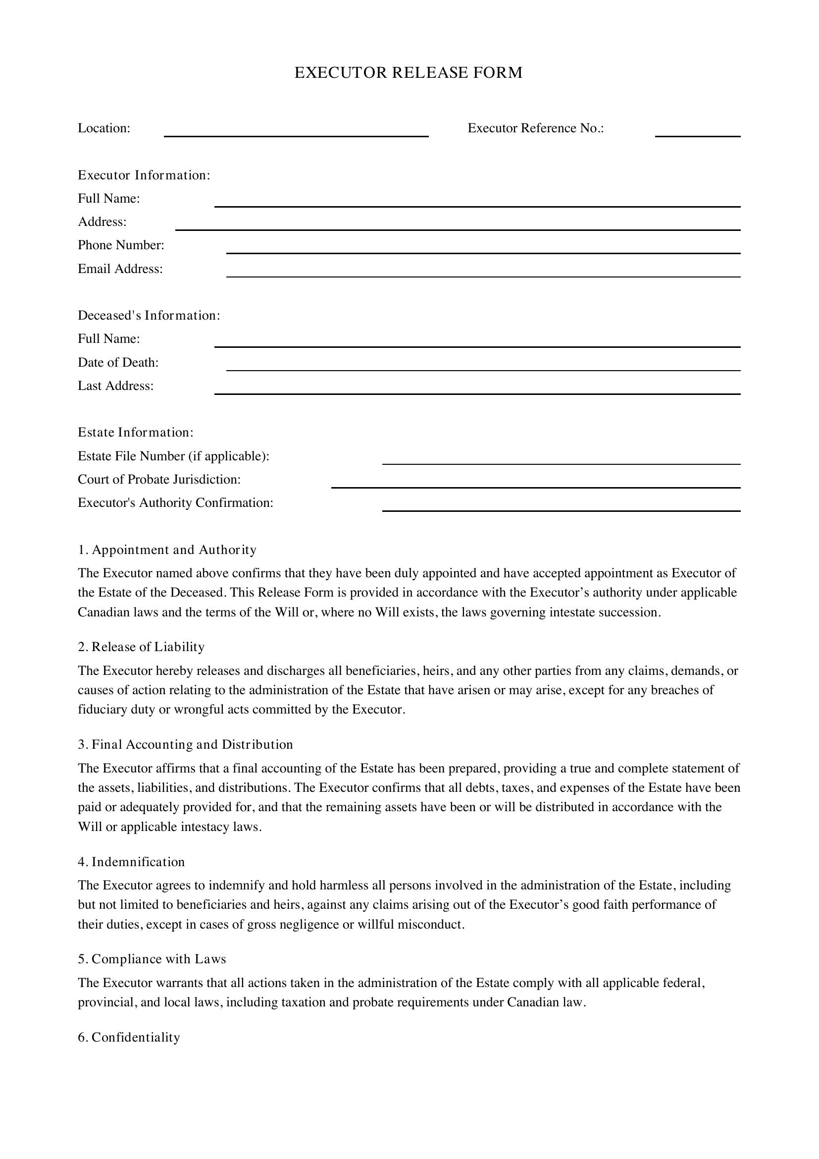 Executor Release Form Template - Canada