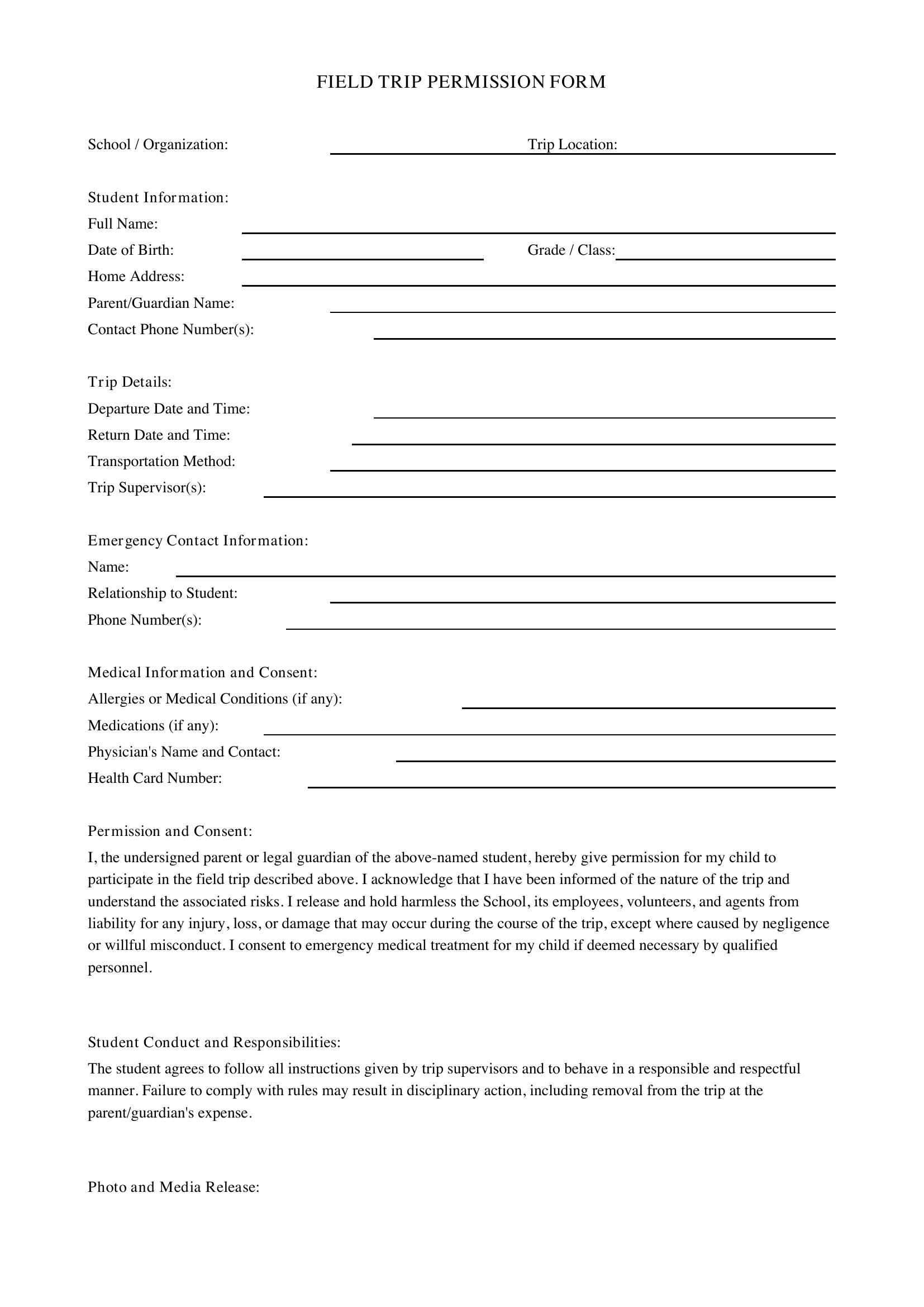 Field Trip Permission Form Template - Canada
