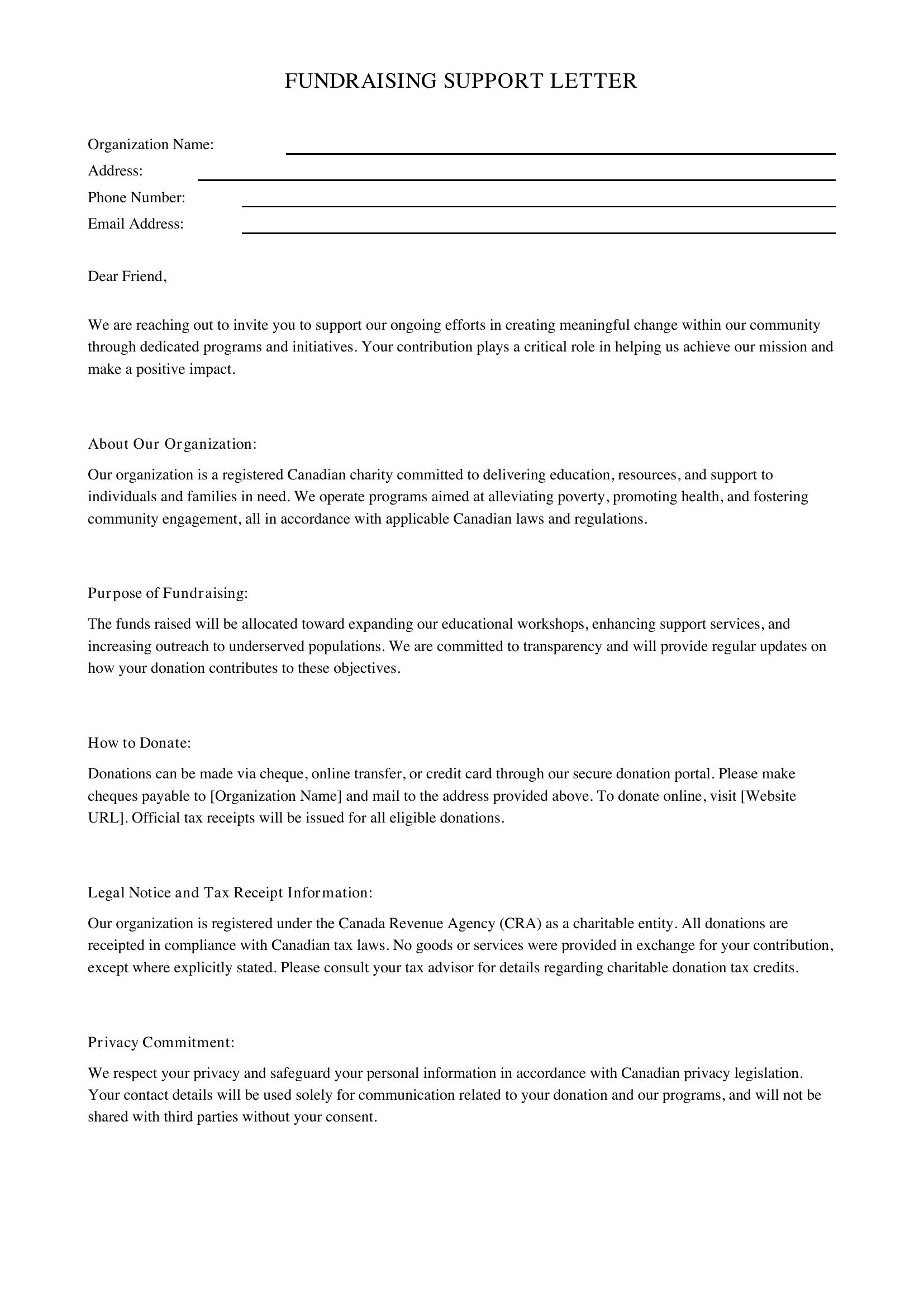 Fundraising Letter Template - Canada