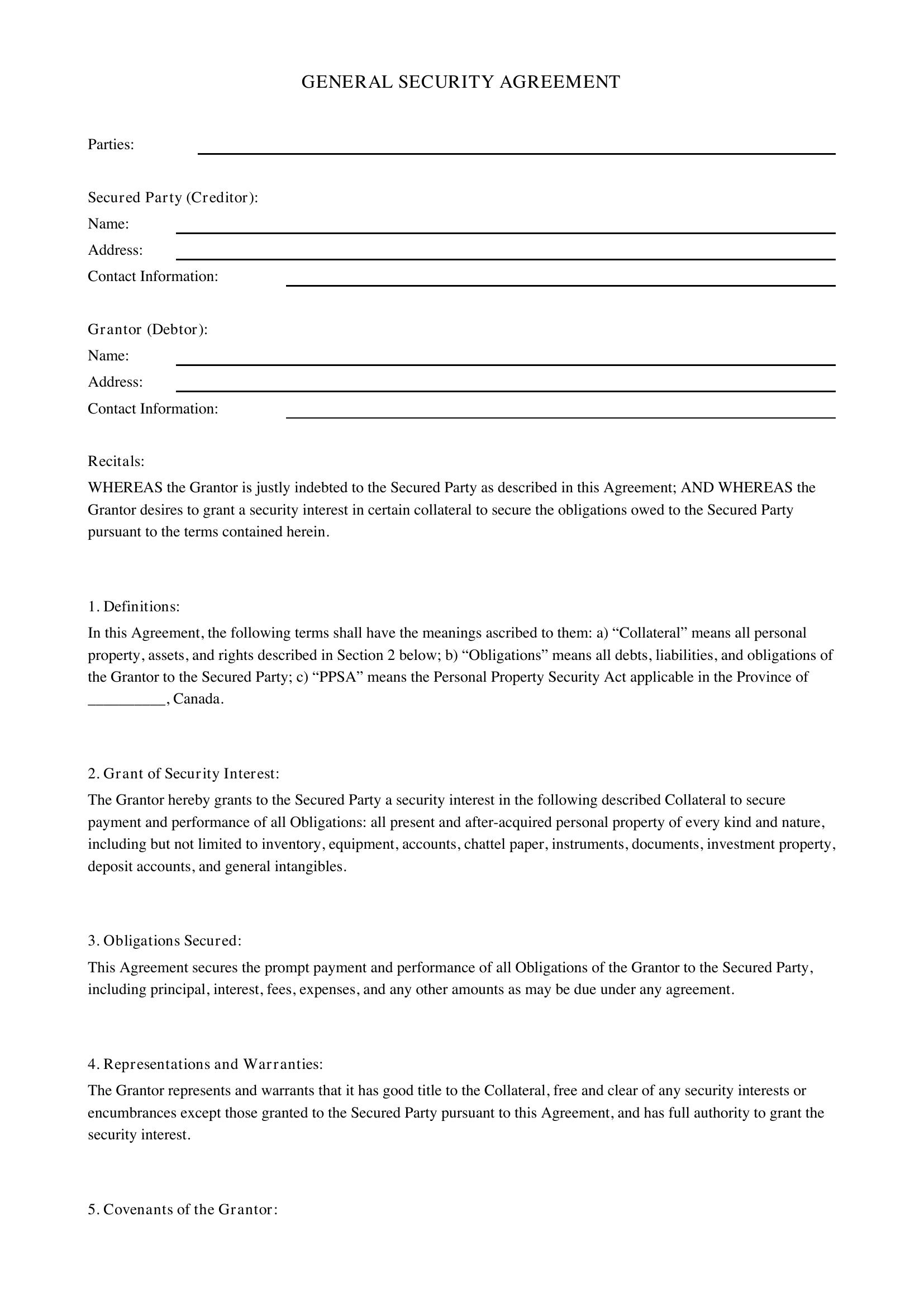 General Security Agreement Template - Canada