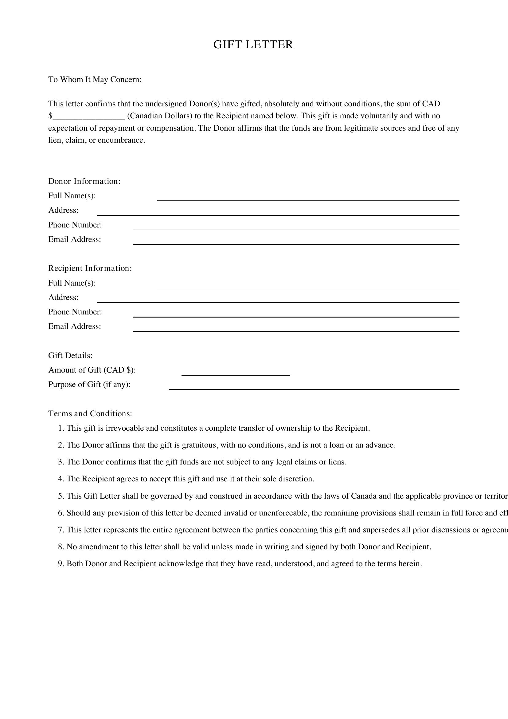 Gift Letter Template - Canada